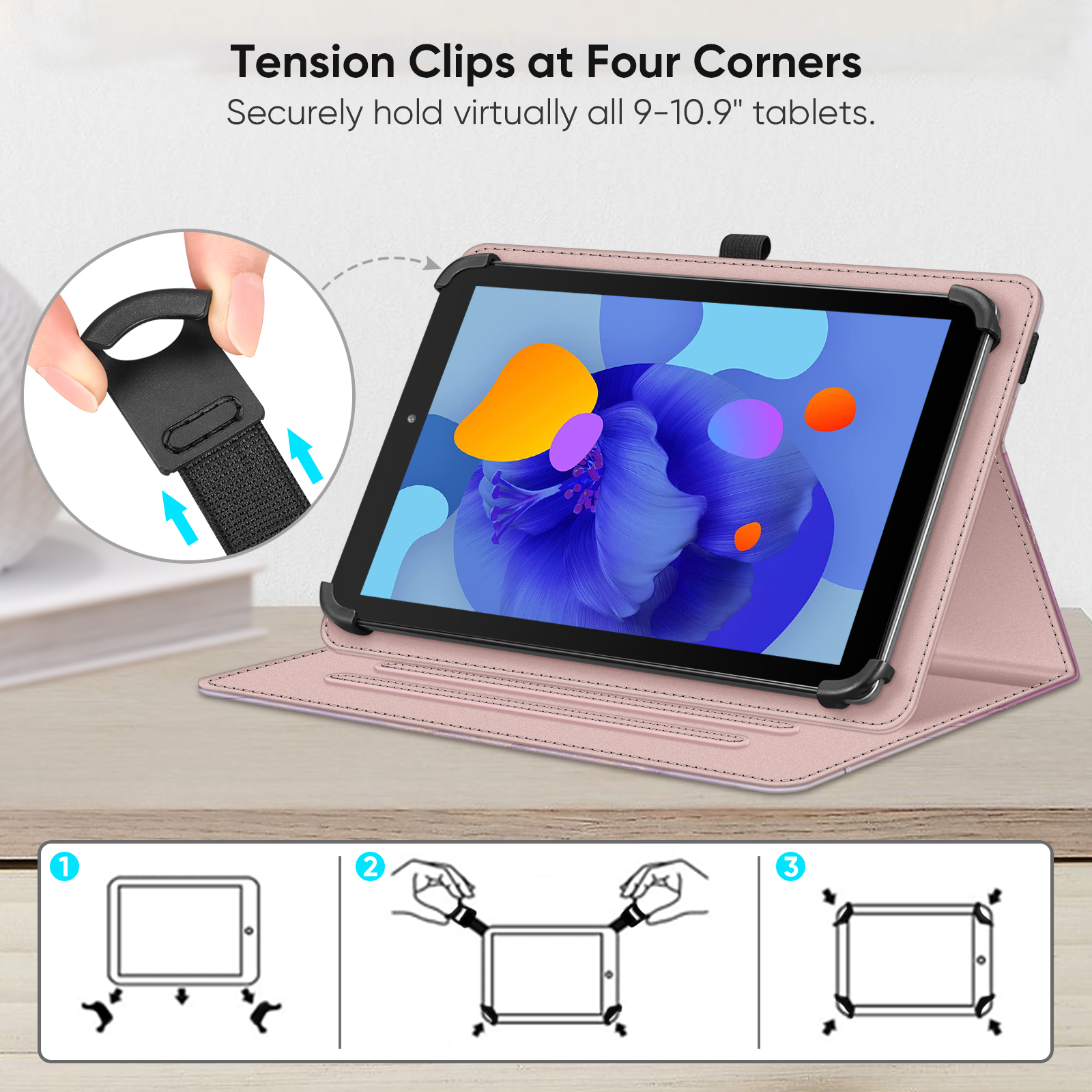 Tablethülle mit Eckspannclips, die ein Tablet sichern. Die Hülle ist geöffnet und zeigt den Bildschirm des Tablets.