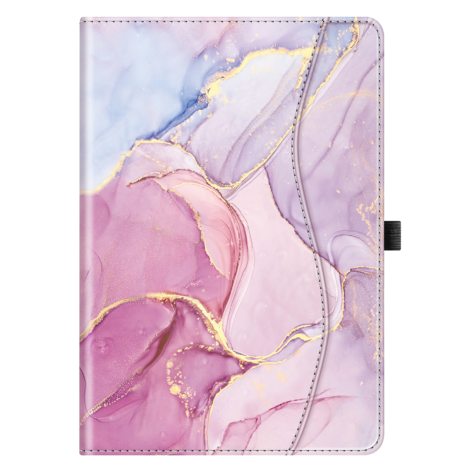 Eine geschlossene Tablet-Hülle mit Marmor-Design, mit rosa, lila und goldenen Farben, mit einem schwarzen Riemen.