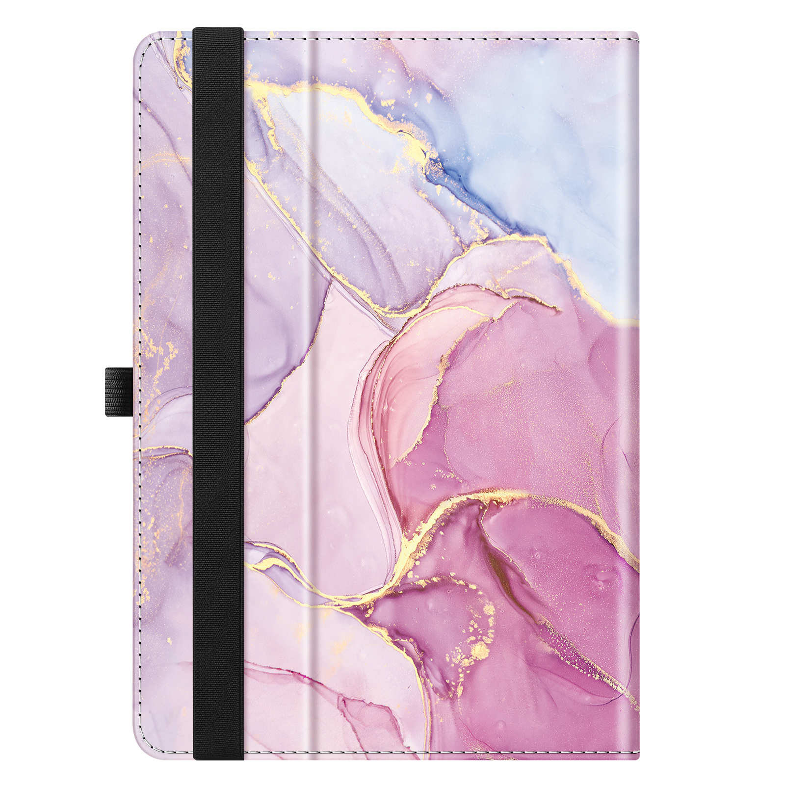 Geschlossene Tablethülle mit Marmordesign in Rosa und Blau. Sie hat ein schwarzes Gummiband und Magnetverschluss.