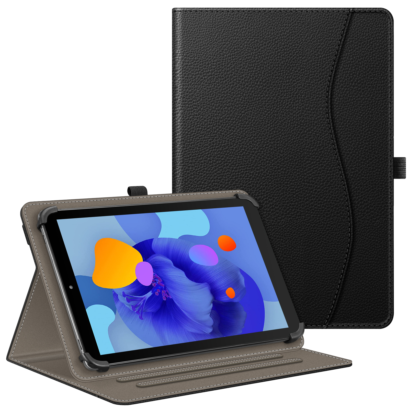 Ein schwarzes Tablet mit einer schwarzen Lederhülle, offen und stehend, mit einem schwarzen Band auf der Rückseite.
