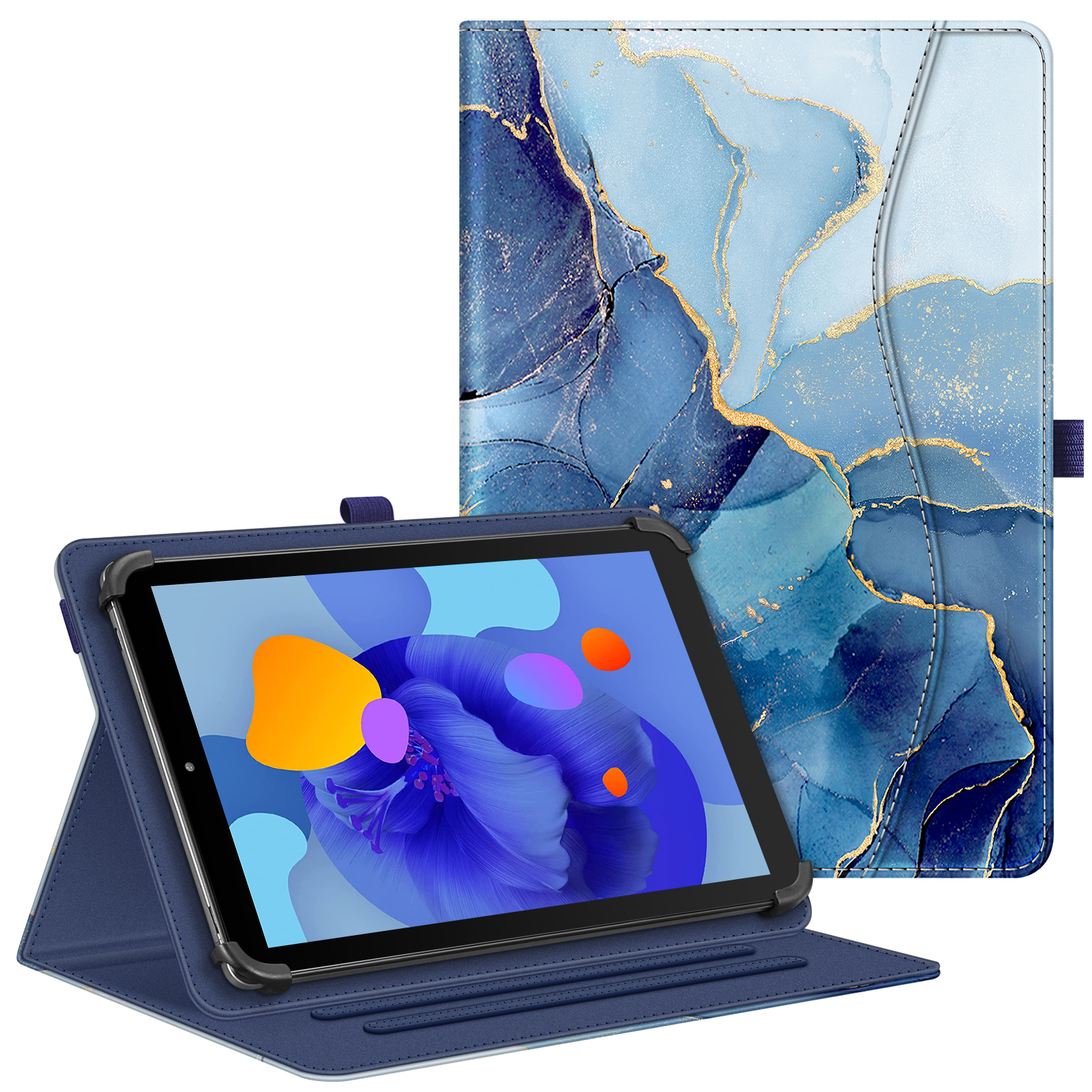 Blaues Tablet in einer blauen Hülle mit offenem Deckel auf dem Tisch.