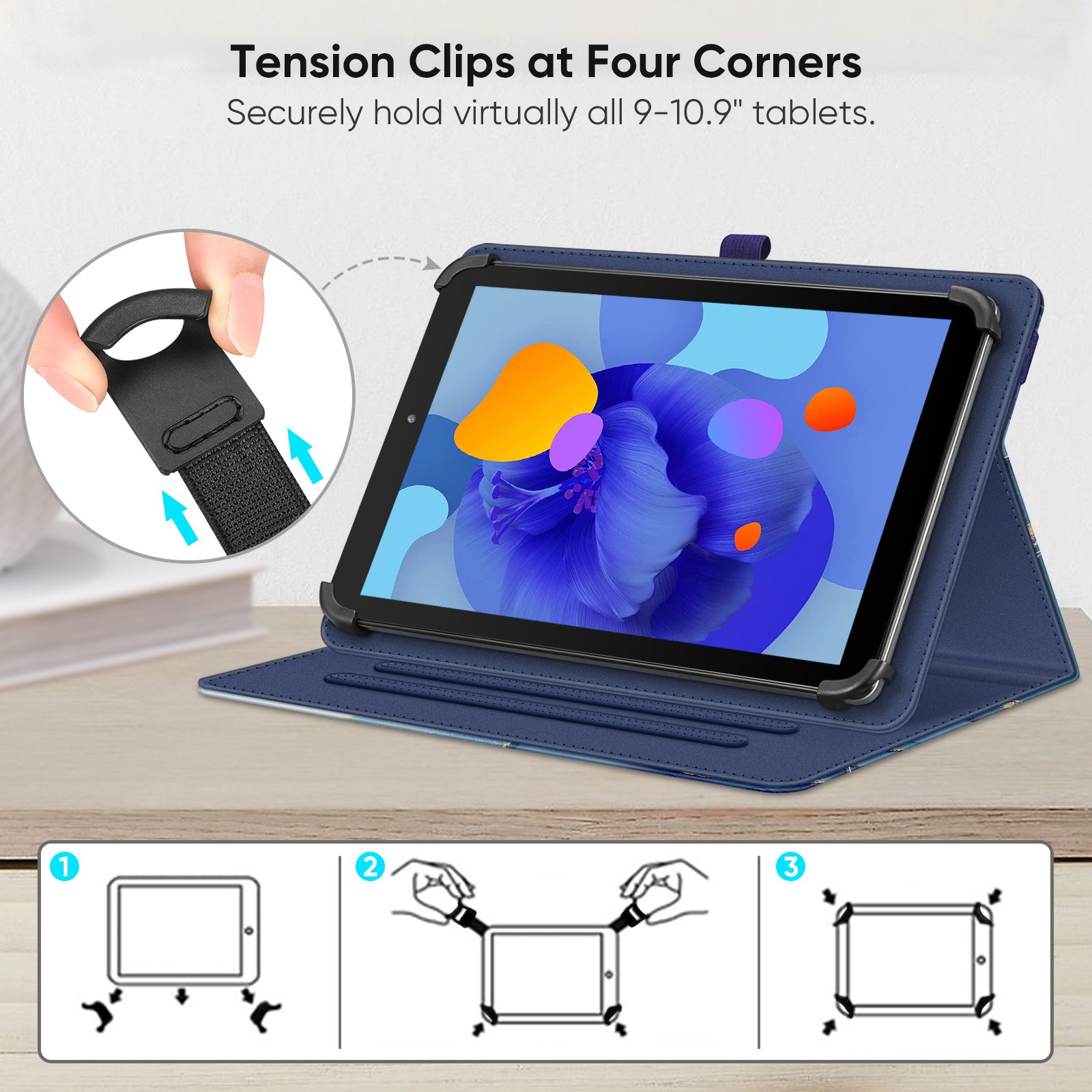 Ein Tablet in einer blauen Hülle wird mit Spannclips gehalten; Anweisungen sind unten gezeigt.