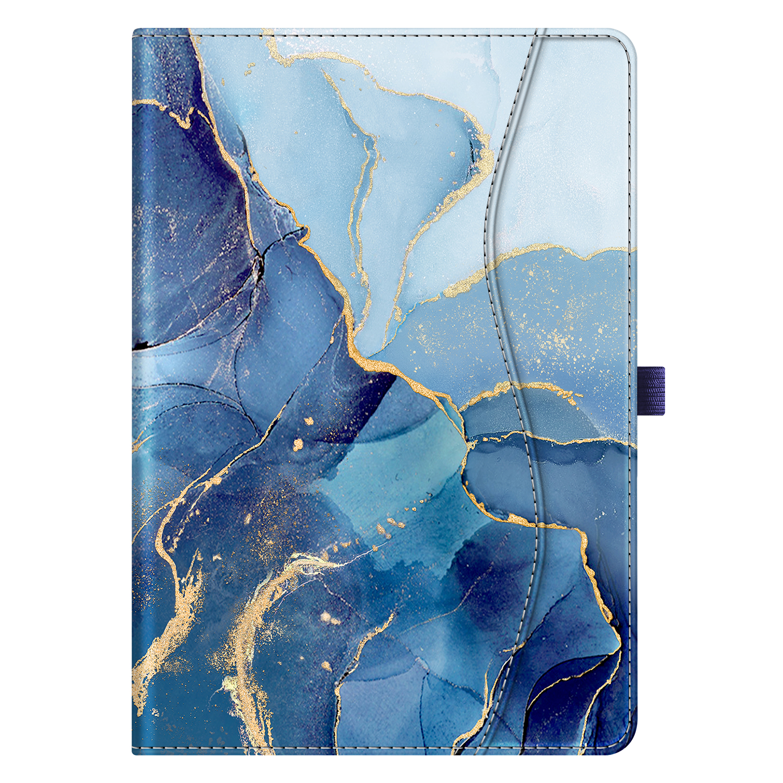 Geschlossene Tablethülle mit blauem und goldenem Marmordesign. Sie hat ein blaues Gummiband und Magnetverschluss.