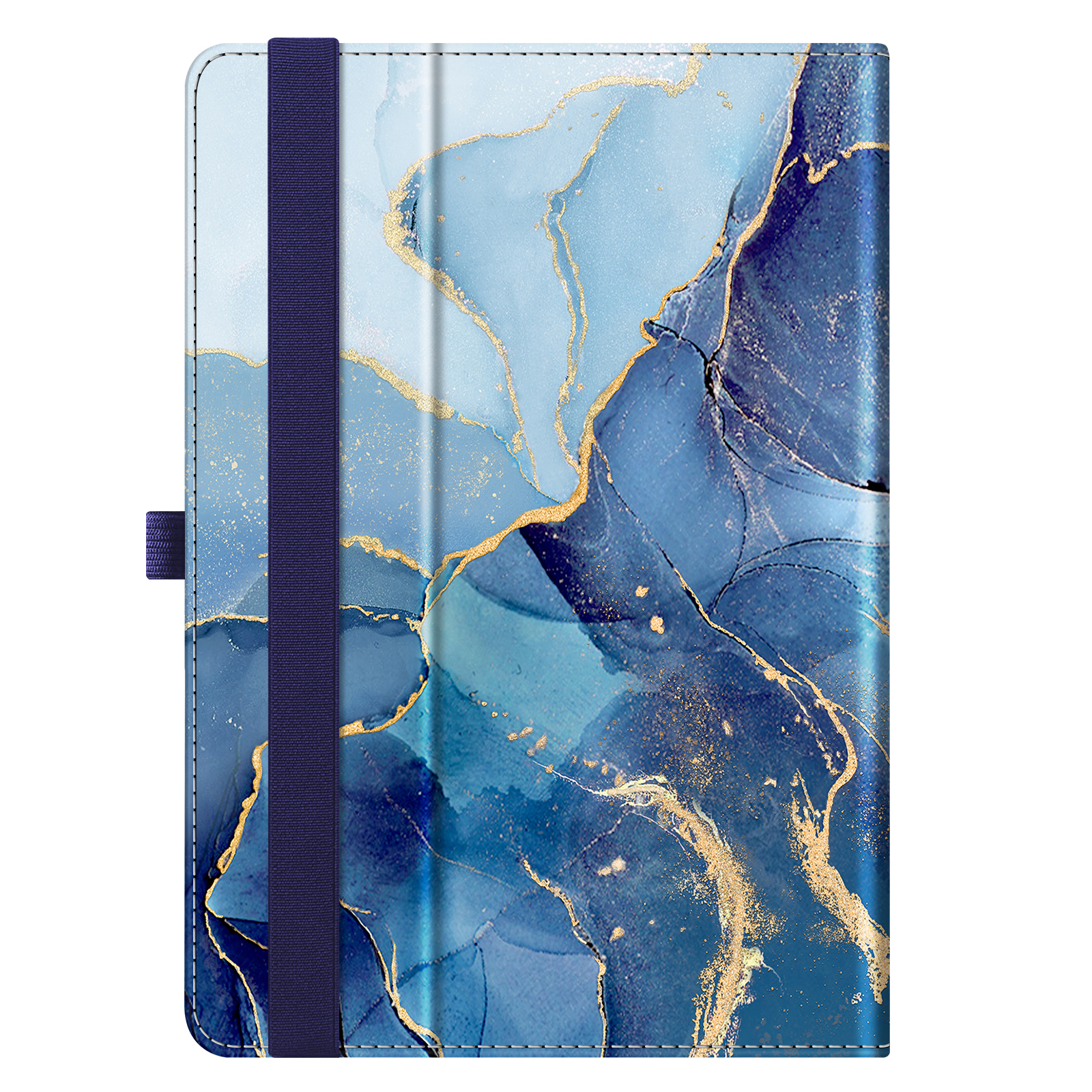 Eine blau marmorierte Tablet-Hülle mit einem marineblauen Gummiband wird gezeigt.