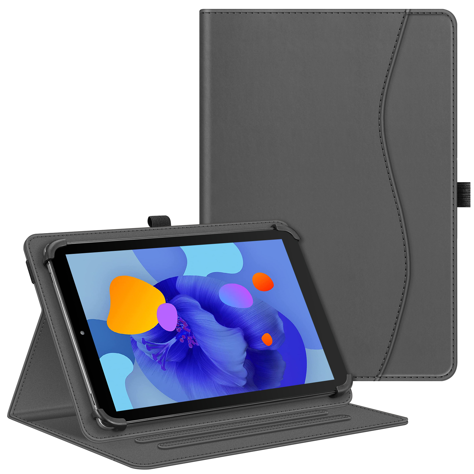 Ein graues Tablet in einer Hülle. Das Tablet ist geöffnet und zeigt ein farbenfrohes Bild. Weißer Hintergrund.