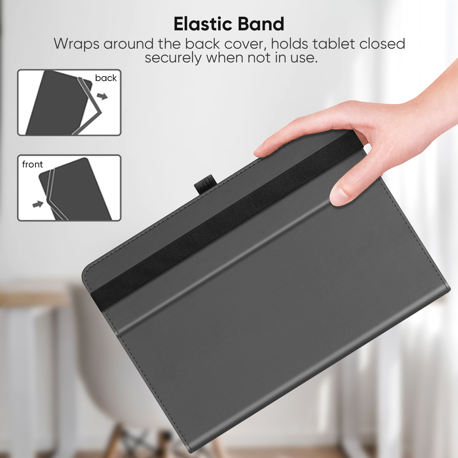 Eine Hand hält eine graue Tablet-Hülle mit einem schwarzen Gummiband. Diagramme zeigen, wie das Band das Tablet sichert.