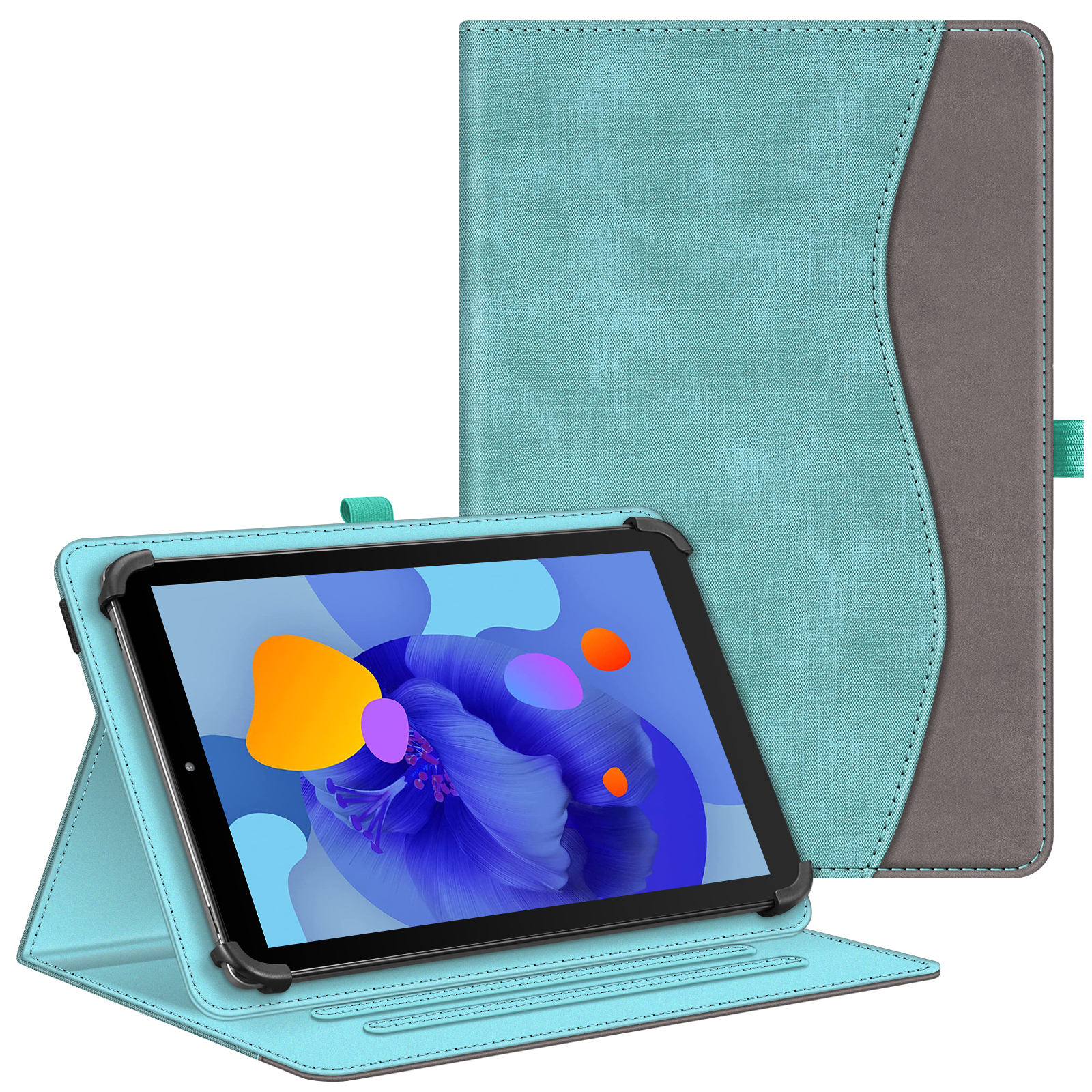 Ein Tablet in einer türkis-grauen Hülle, geöffnet, zeigt den Bildschirm. Weißer Hintergrund, schräge Ansicht.