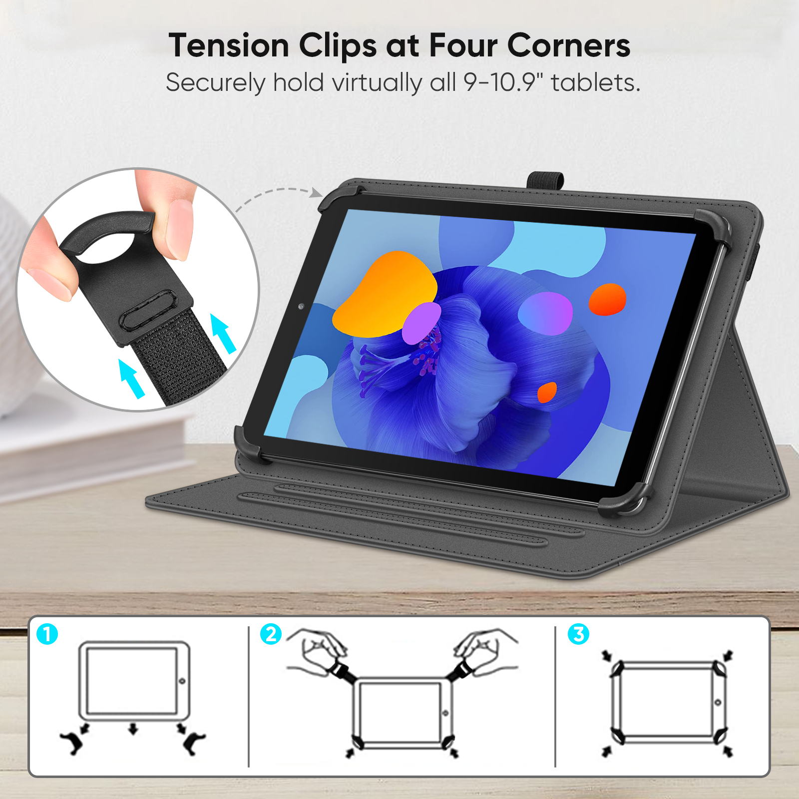 Ein Tablet befindet sich in einer Hülle. Diagramme zeigen, wie die Hülle das Tablet an vier Ecken mit Clips sichert.