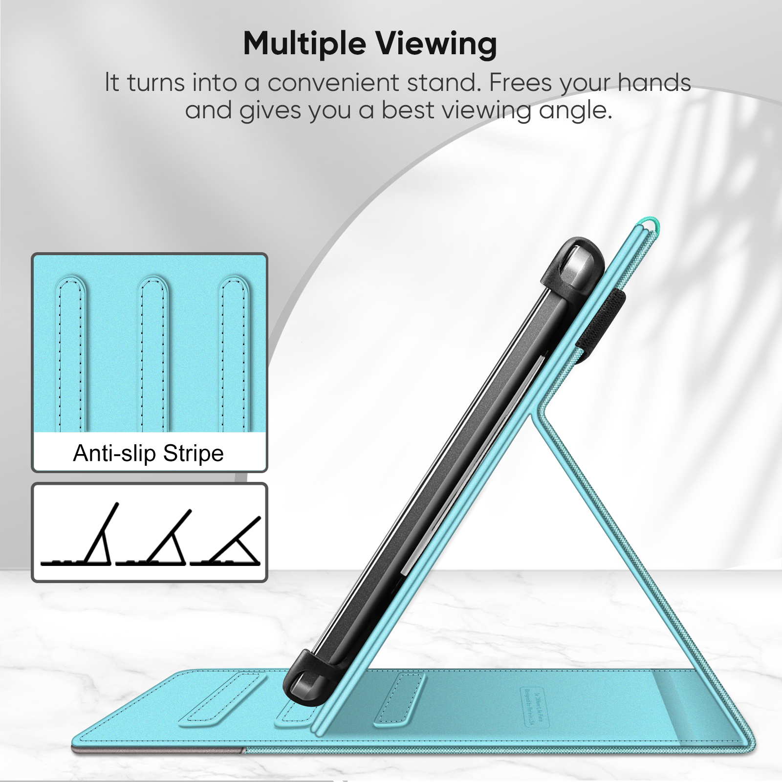 Eine türkisfarbene Tablet-Hülle steht offen, um ein Tablet aufzustellen. Diagramme zeigen, wie die Hülle als Ständer fungiert.