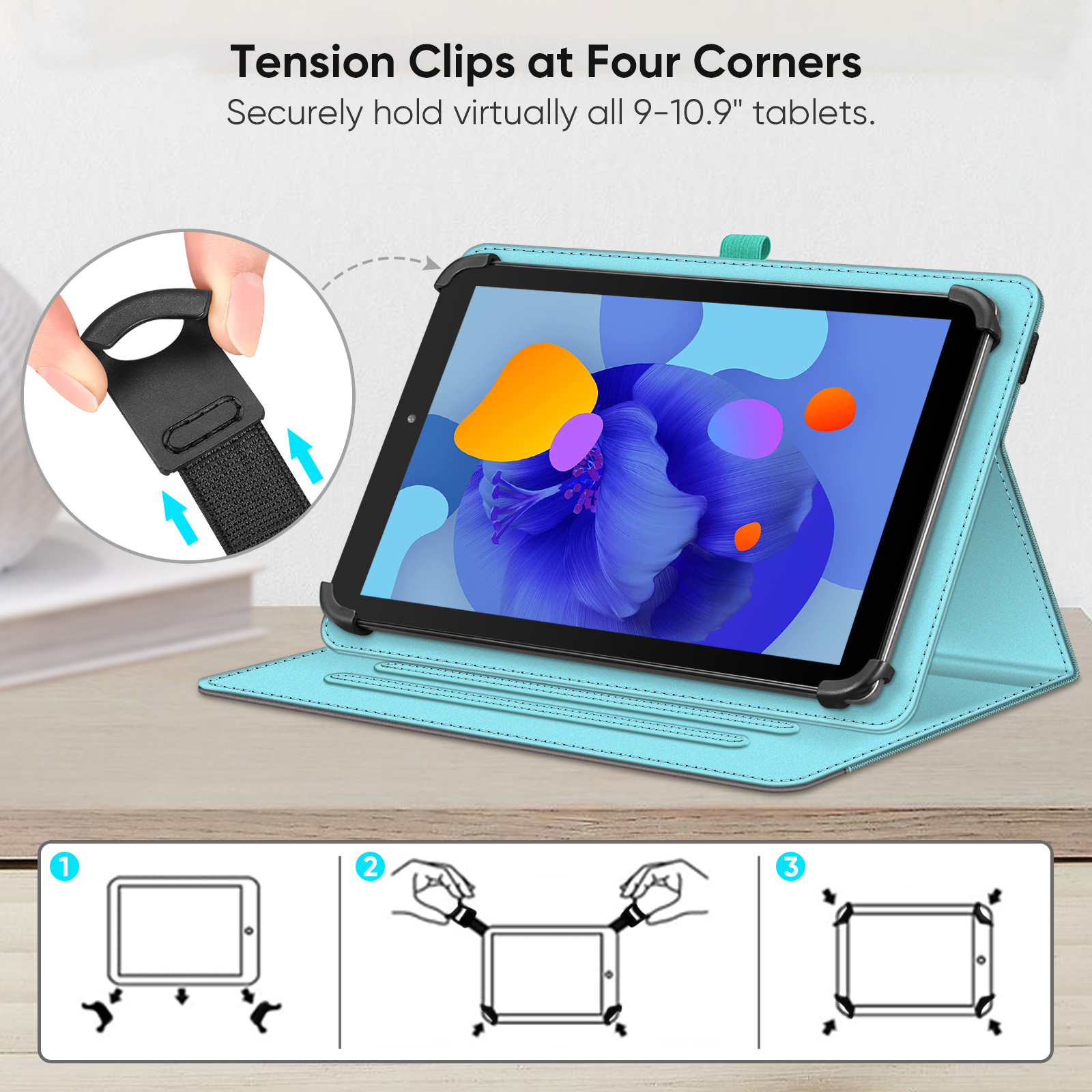 Ein Tablet befindet sich in einer Hülle. Diagramme zeigen, wie die Hülle das Tablet an vier Ecken mit Clips sichert.