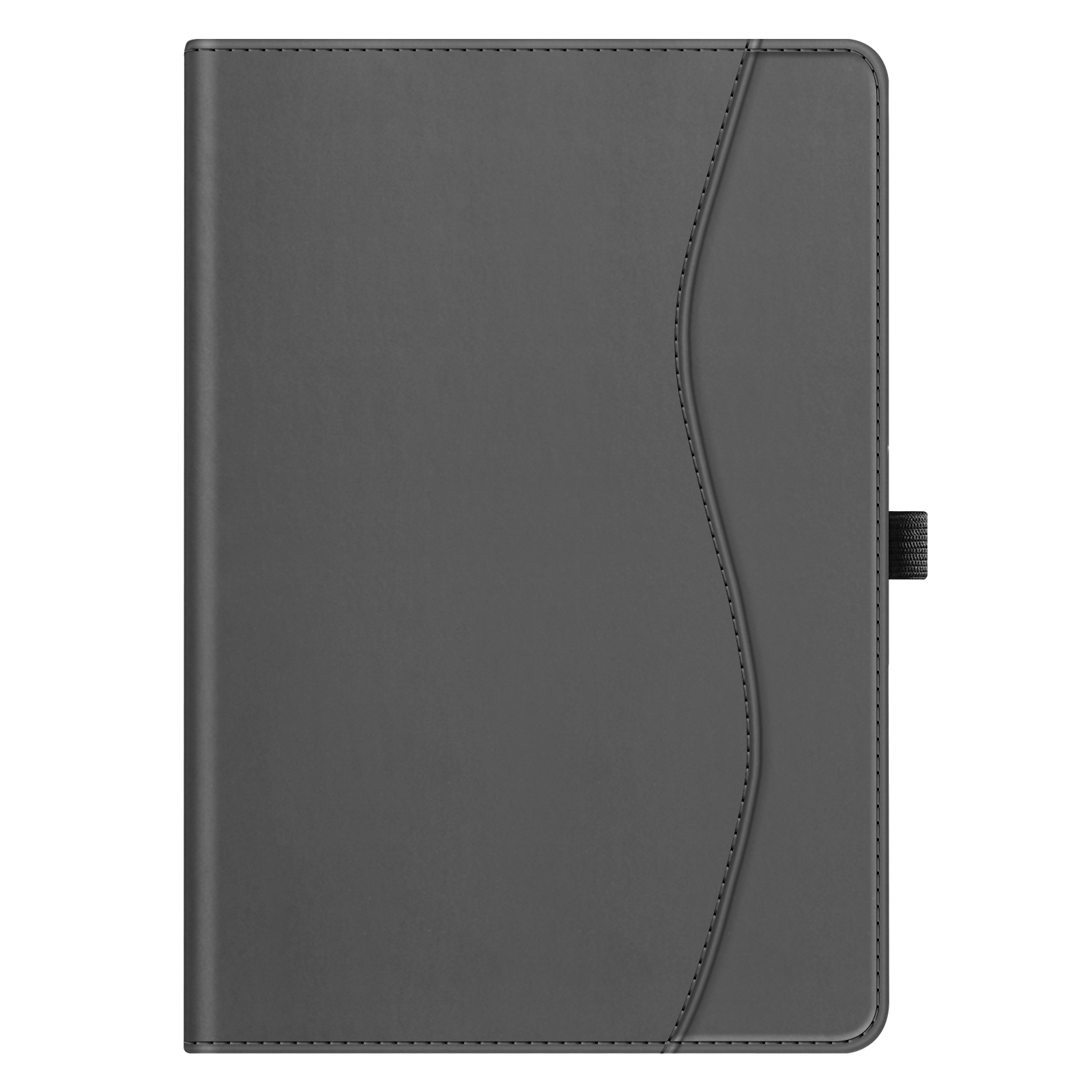 Eine geschlossene, graue Tablet-Hülle. Sie hat eine gebogene Naht und einen schwarzen Riemen zur Sicherung. Weißer Hintergrund.