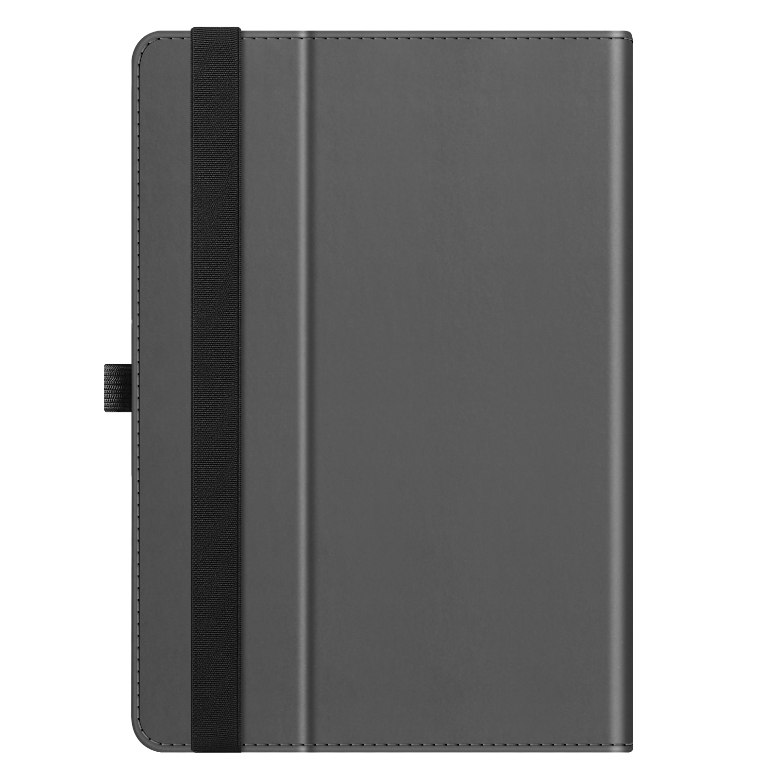 Eine geschlossene graue Tablet-Hülle mit einem schwarzen Gummiband. Die Hülle ist schlicht und hat eine glatte Oberfläche.