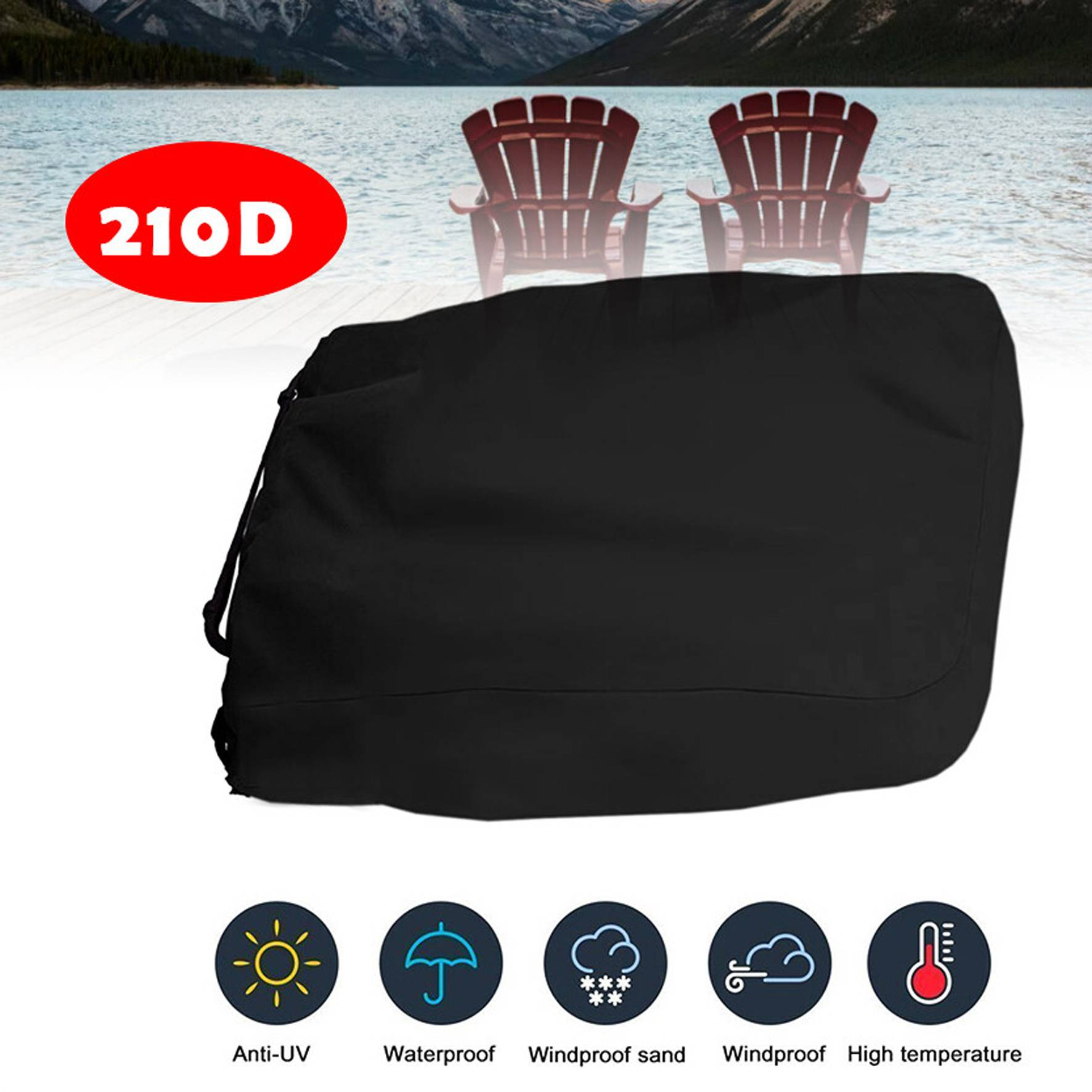 Eine schwarze Stuhlabdeckung mit Symbolen für UV-Schutz, Wasserdichtigkeit, Winddichtigkeit und Hochtemperaturbeständigkeit.