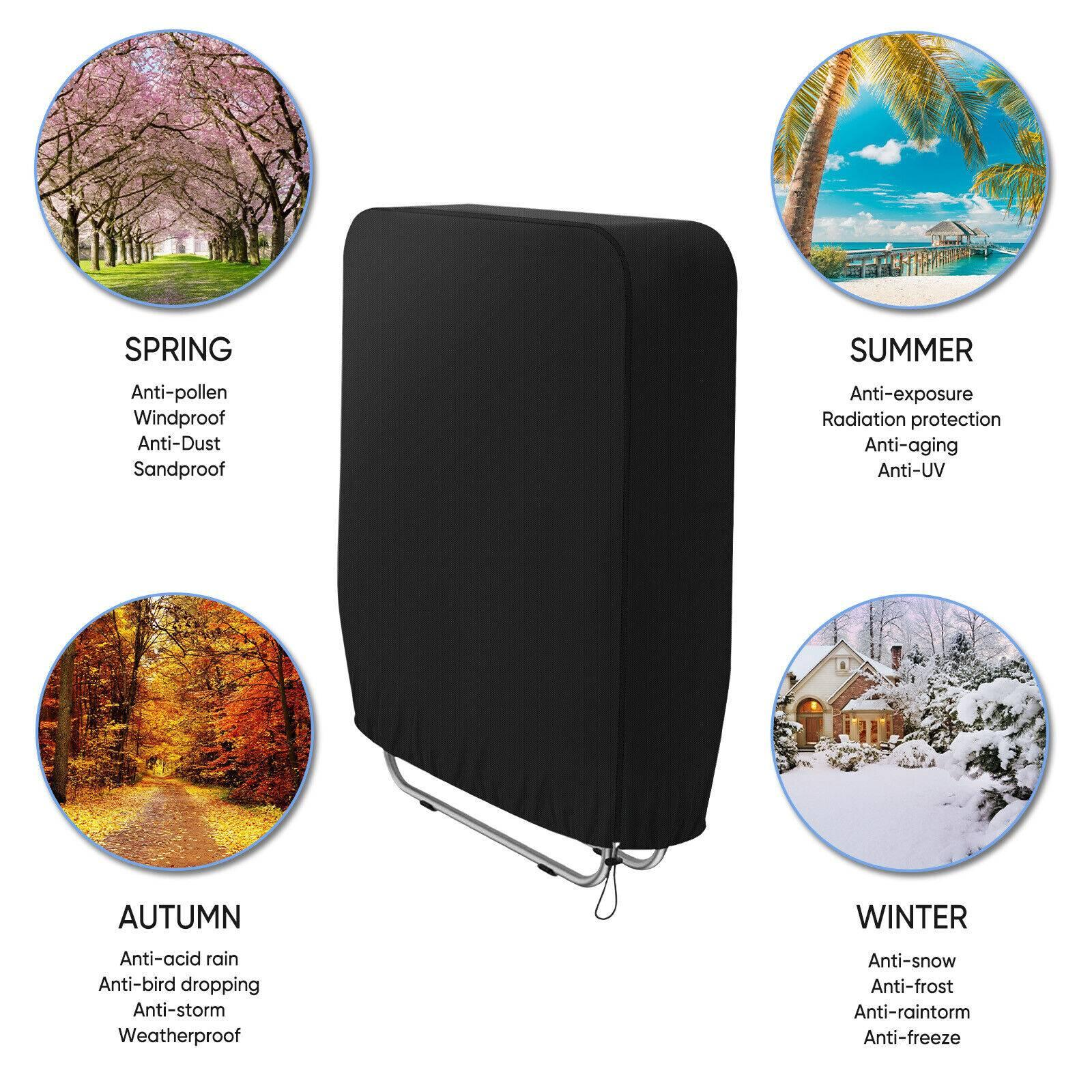Eine schwarze Stuhlabdeckung auf einem Rasen. Saisonale Symbole für Frühling, Sommer, Herbst und Winter werden gezeigt.