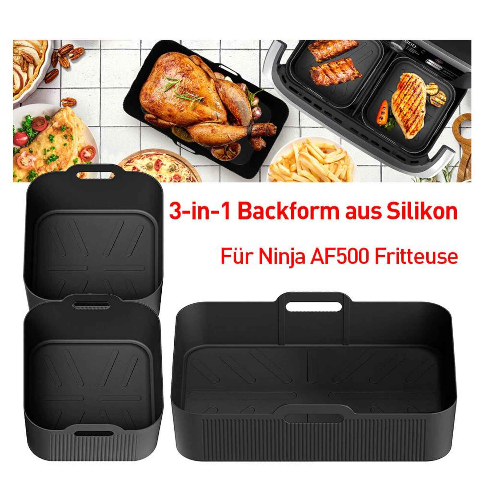 Schwarze Silikon-Airfryer-Formen mit deutschem Text.