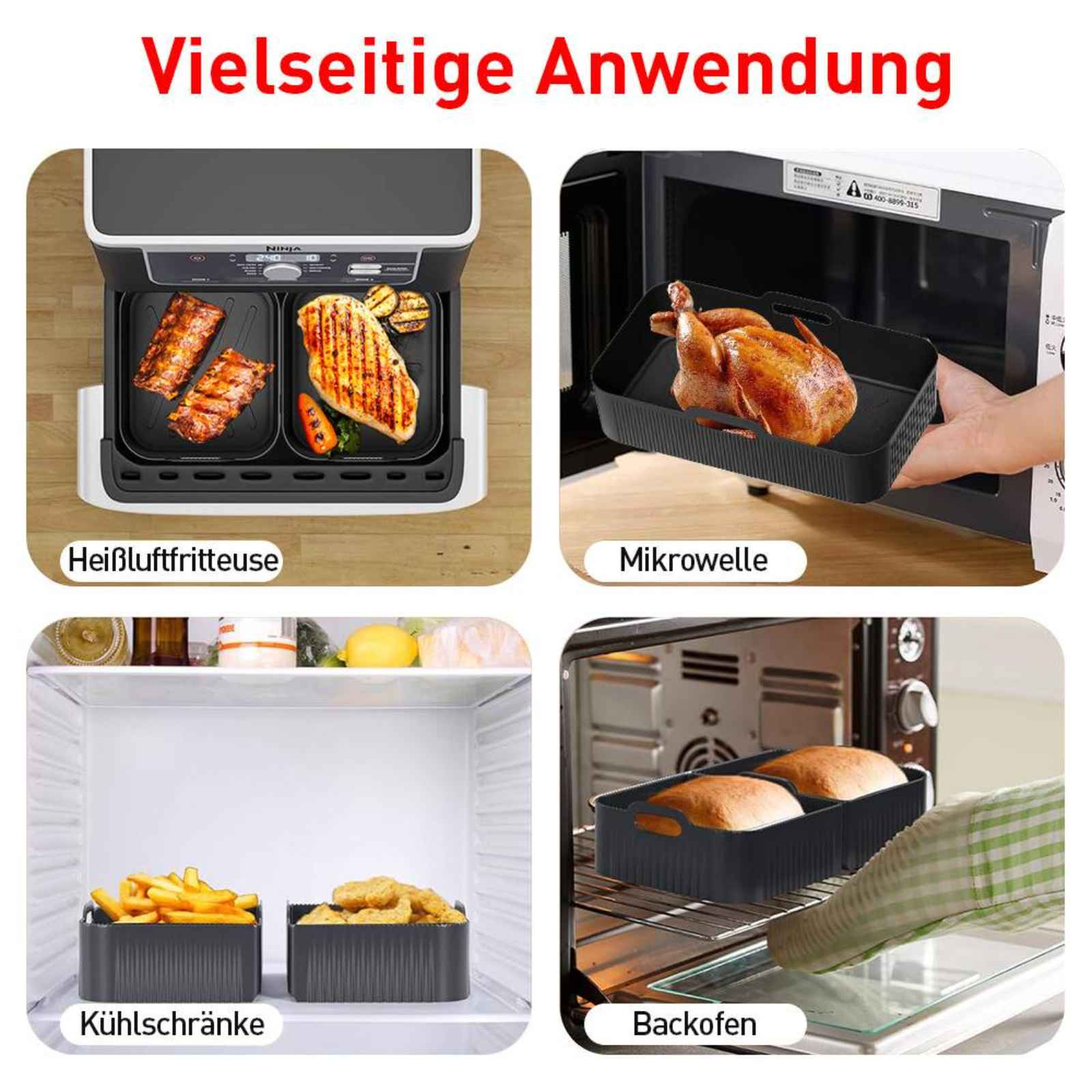 Bilder zeigen die Zubereitung von Speisen in einer Heißluftfritteuse, Mikrowelle, Kühlschrank und Backofen.