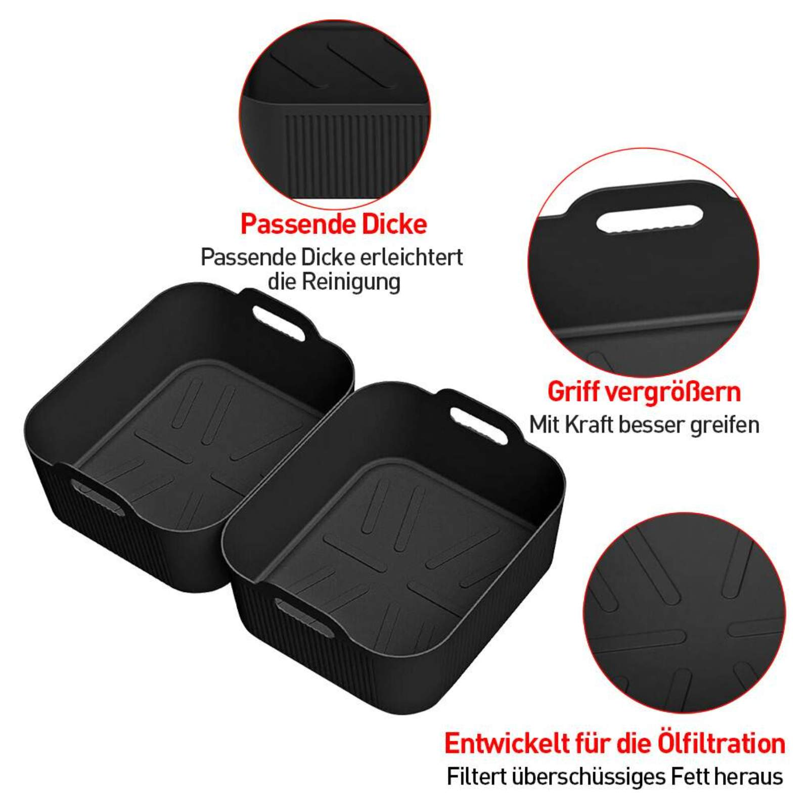 Zwei schwarze rechteckige Airfryer-Formen mit detaillierten Beschreibungen.