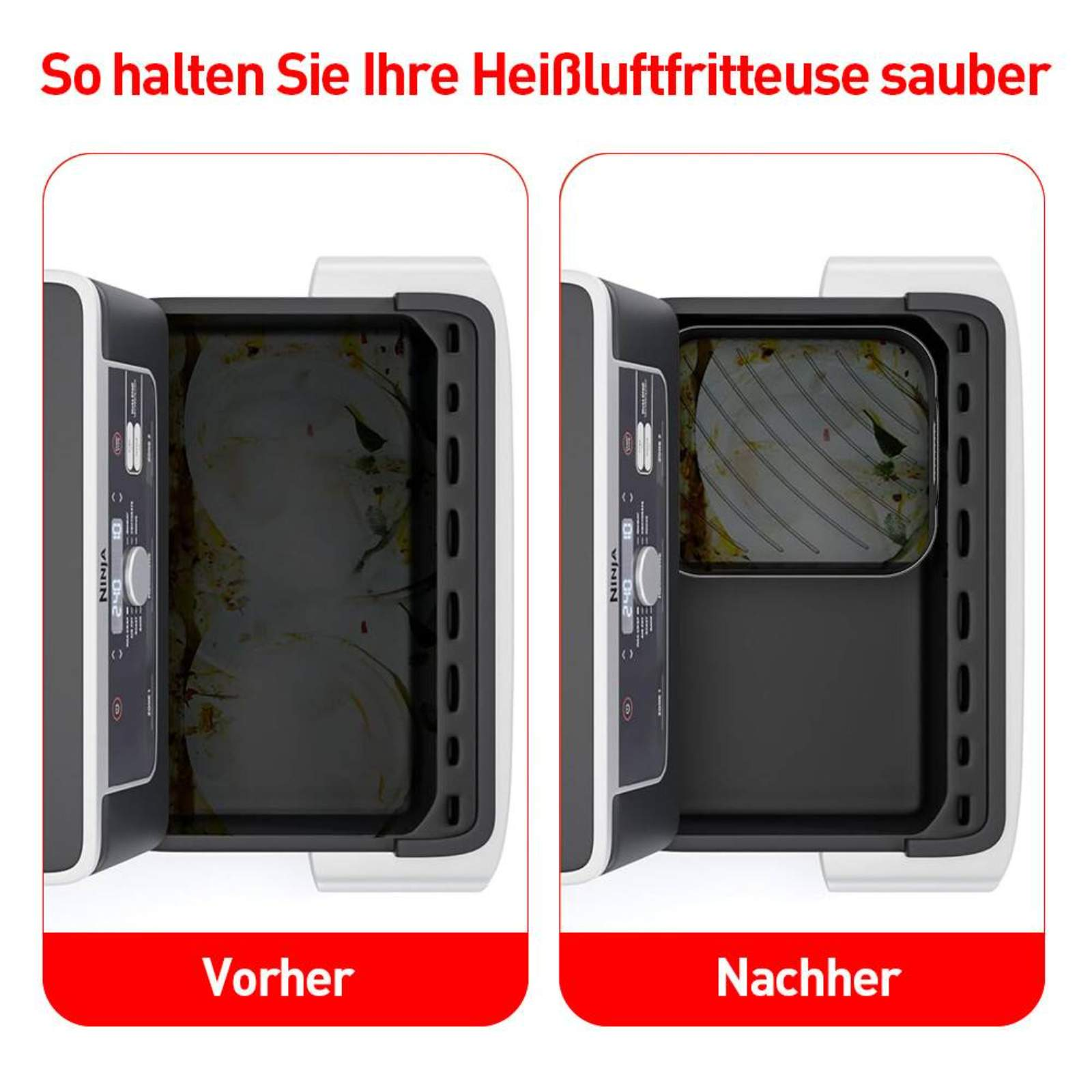 Zwei Bilder einer Heißluftfritteuse; einmal vor und nach der Reinigung, die den Unterschied in der Sauberkeit zeigen.