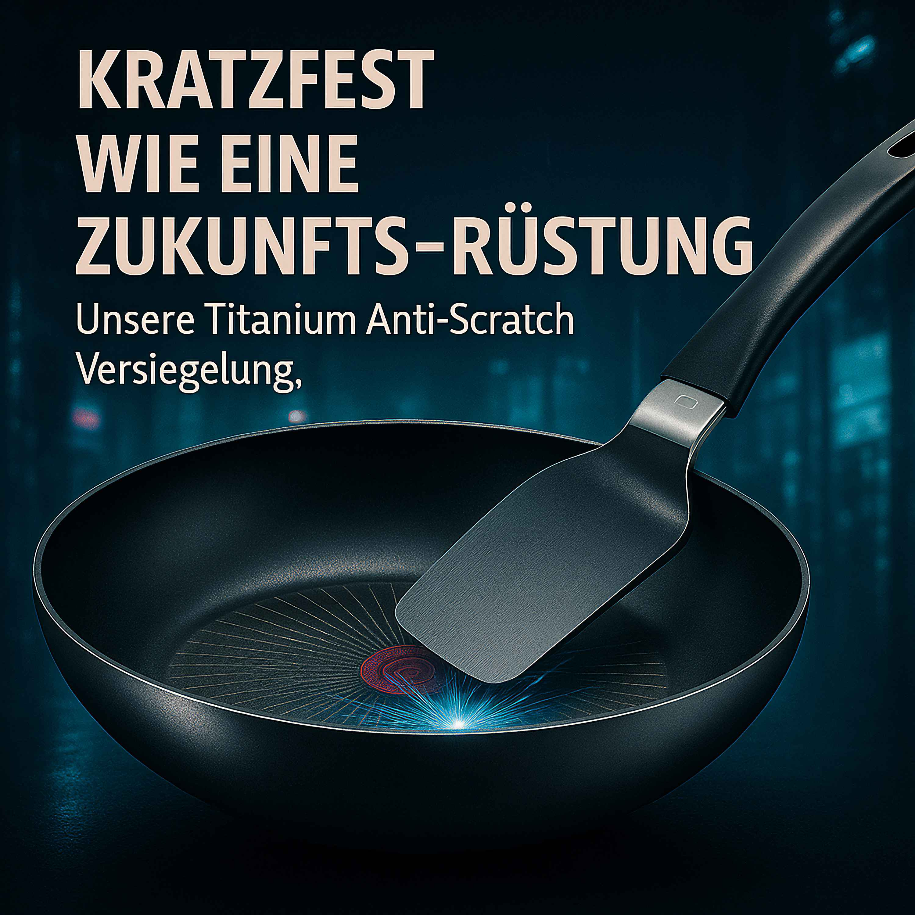 Eine schwarze Pfanne wird gezeigt, wobei der Griff nach oben zeigt. Die Innenseite der Pfanne hat einen roten Kreis in der Mitte.