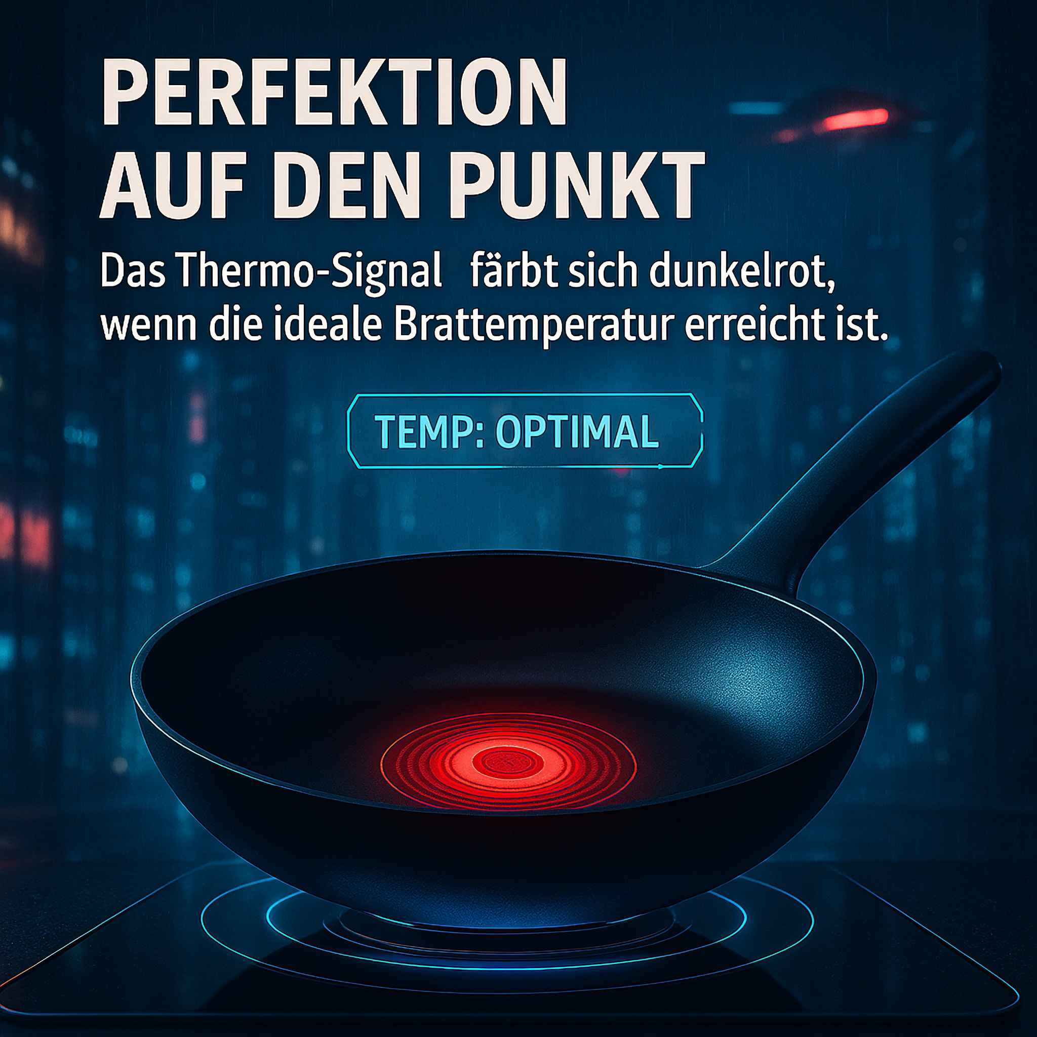 Schwarze Bratpfanne auf einem Herd, zeigt optimale Temperatur.