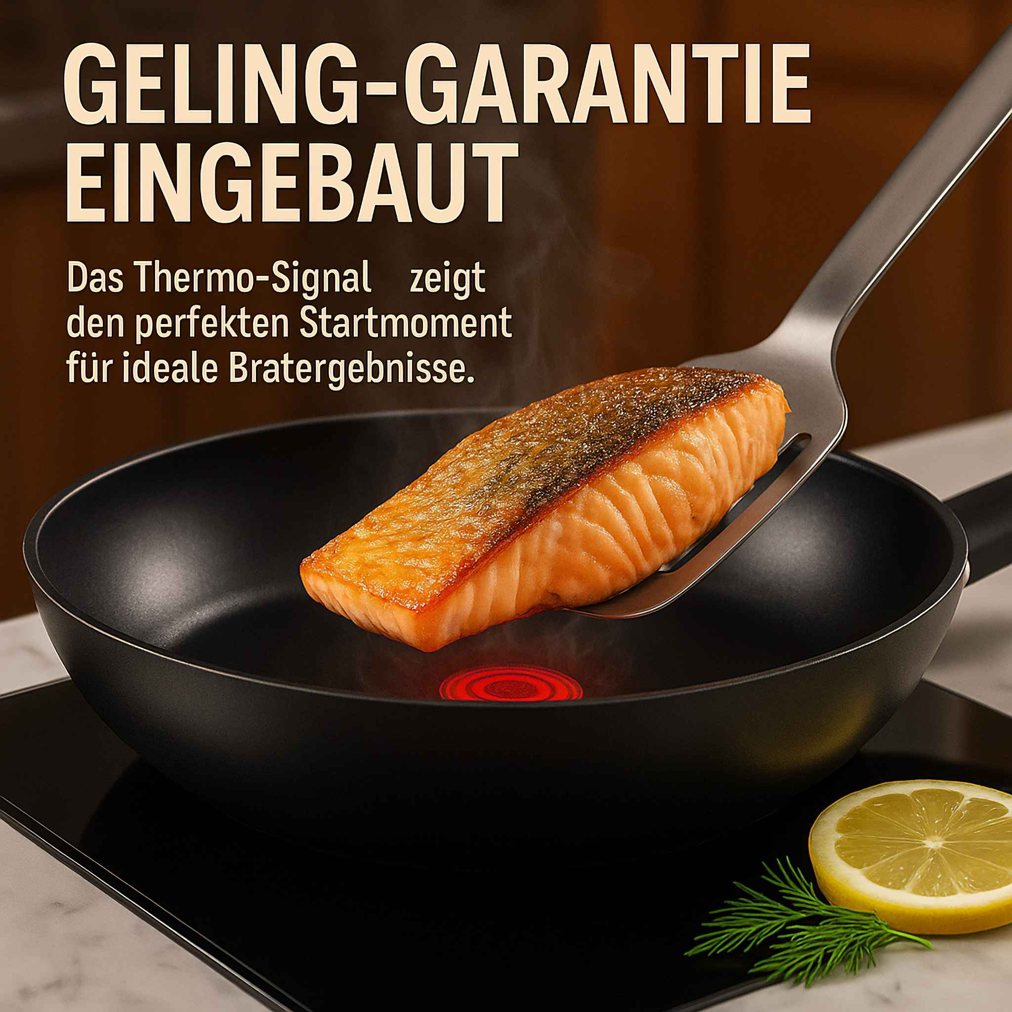 Ein Lachsschnitzel wird in einer schwarzen Pfanne gewendet. Eine Zitrone und Dill liegen daneben. Die Pfanne steht auf einem schwarzen Herd.