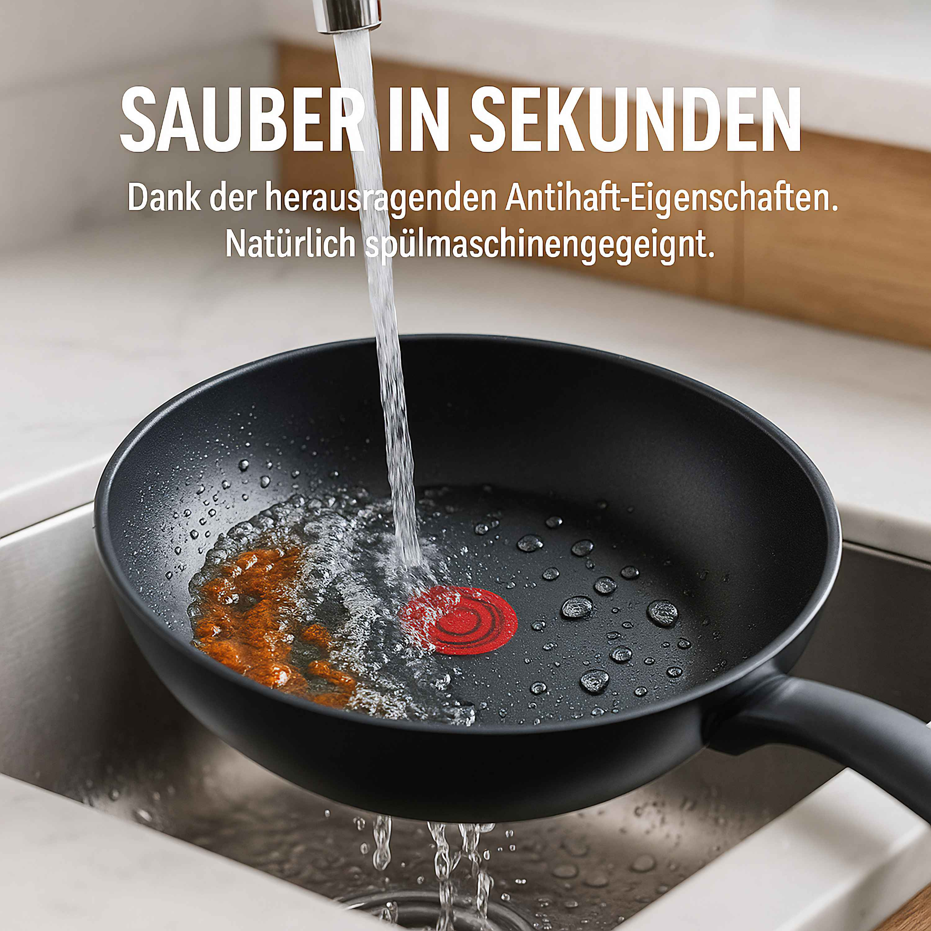 Eine schwarze Pfanne befindet sich unter fließendem Wasser in einem Waschbecken. Das Wasser ist klar und die Pfanne sauber.