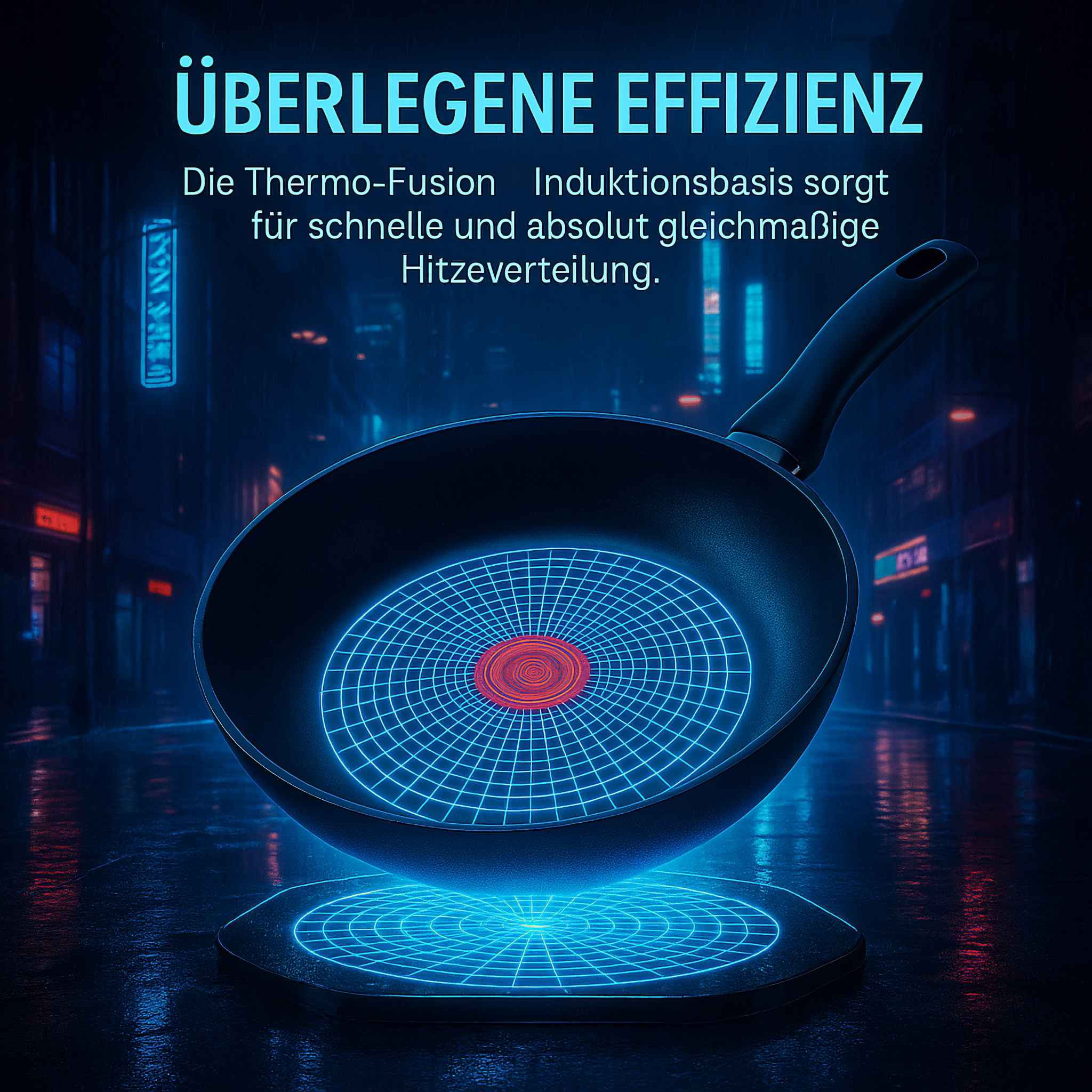 Schwarze Bratpfanne mit blauem Energienetz-Design auf schwarzem Grund.