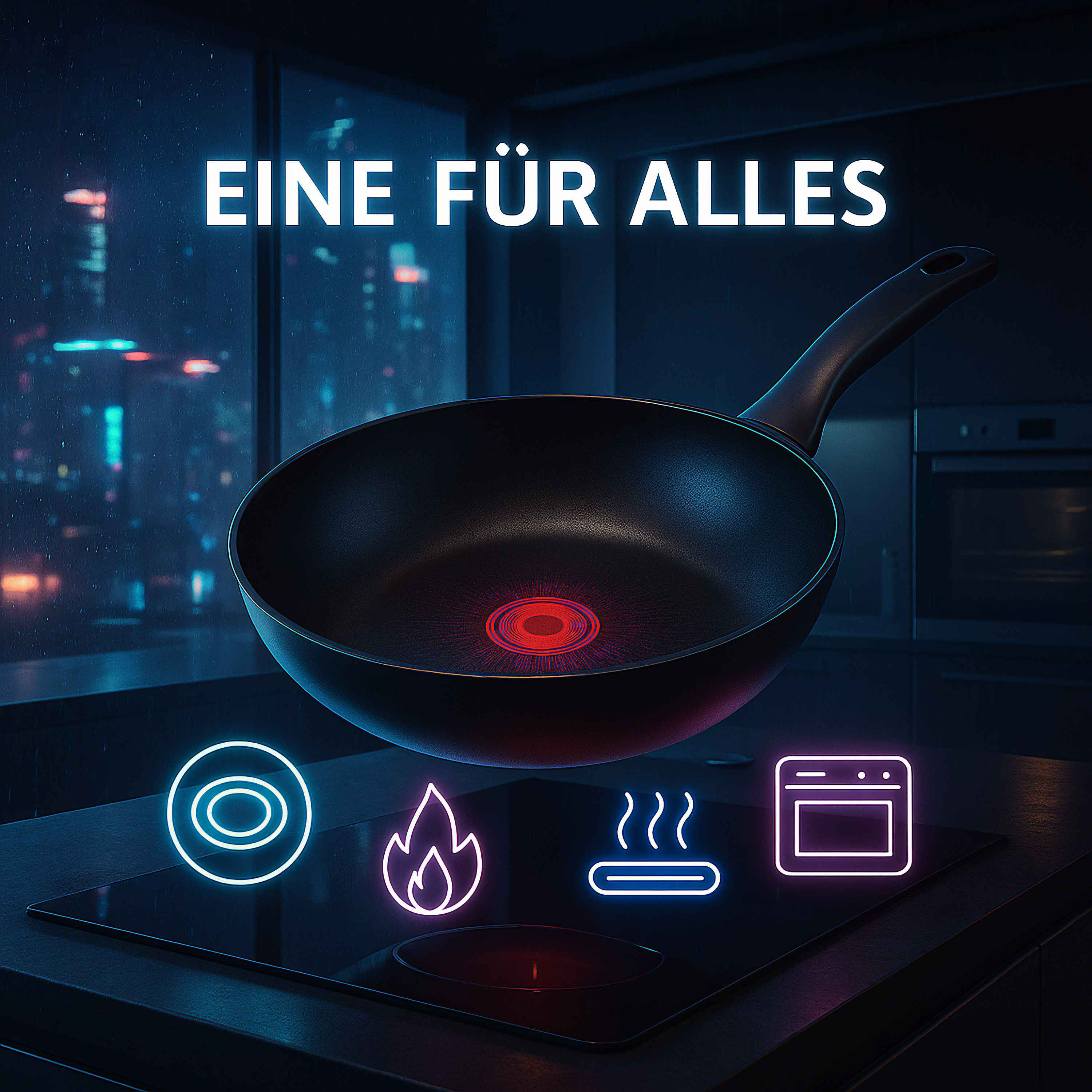 Eine schwarze Pfanne steht auf einem schwarzen Herd mit Symbolen darunter. Die Küche ist modern mit nächtlicher Aussicht.
