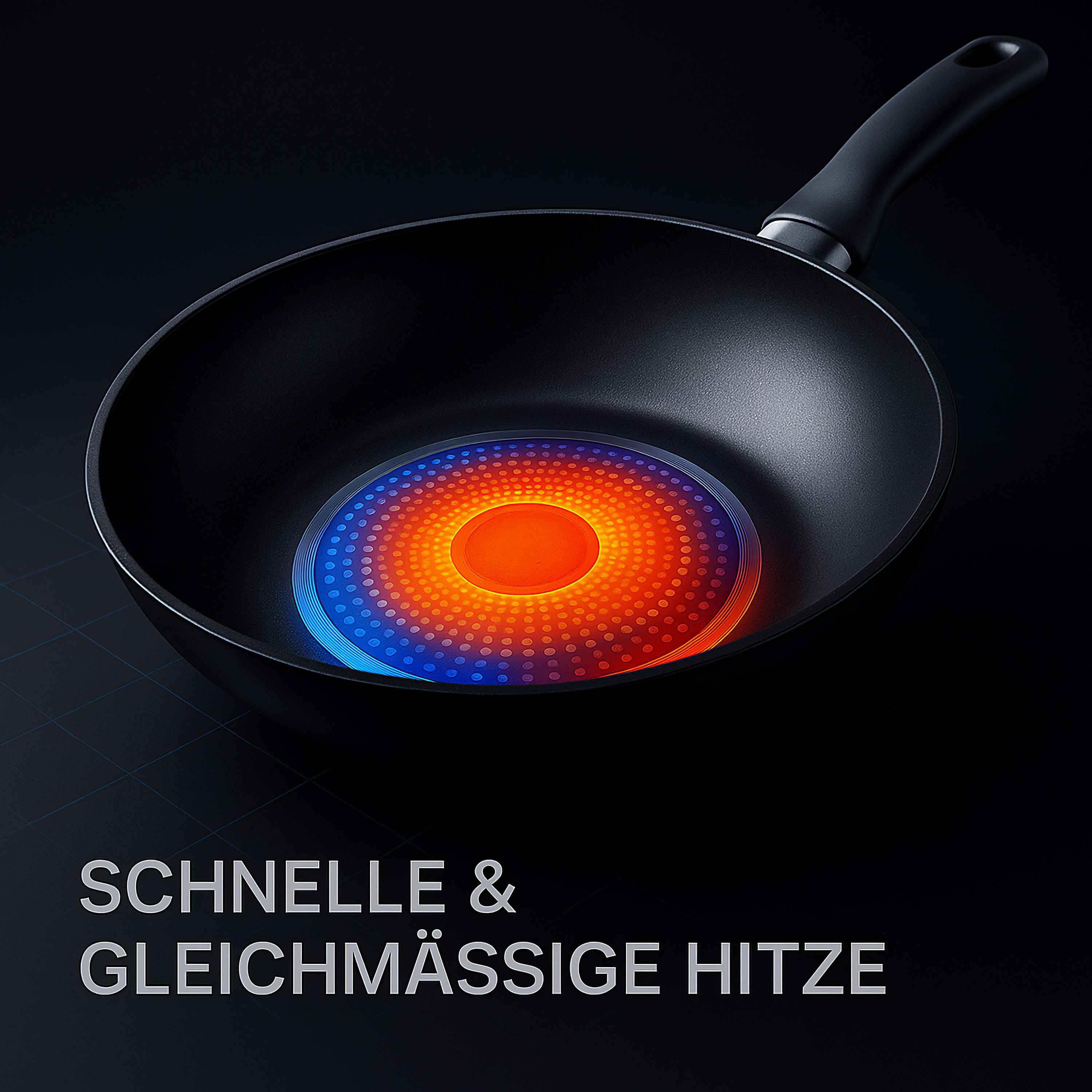 Eine schwarze Pfanne mit einem leuchtenden roten Kreis in der Mitte wird gezeigt. Die Pfanne steht auf einer schwarzen Oberfläche, mit Text darunter.