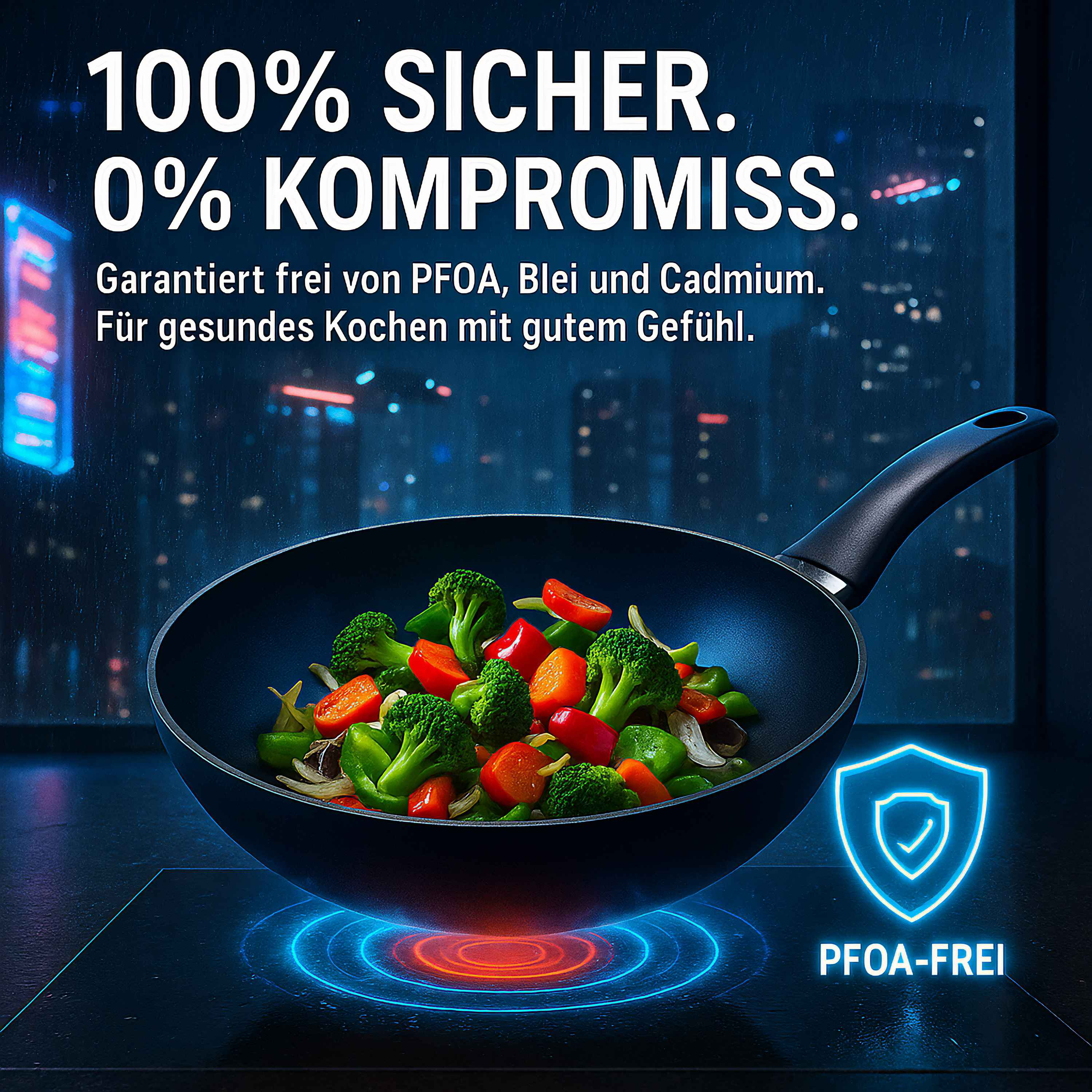 Bratpfanne mit Gemüse auf Kochfeld. Text auf Deutsch.