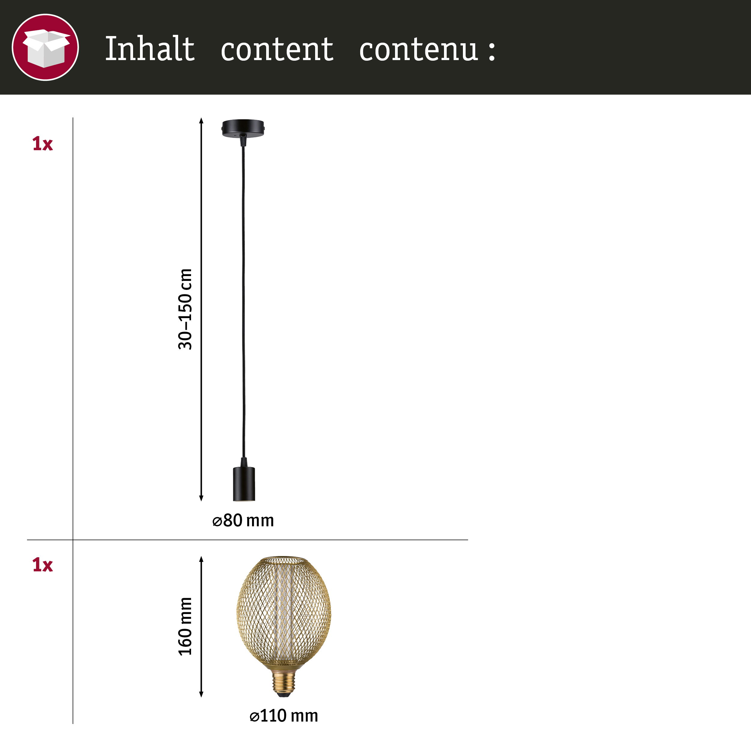 Ein Diagramm zeigt die Komponenten einer Pendelleuchte: Kabel, Deckenhalterung und goldene Drahtkäfigbirne mit Maßen.