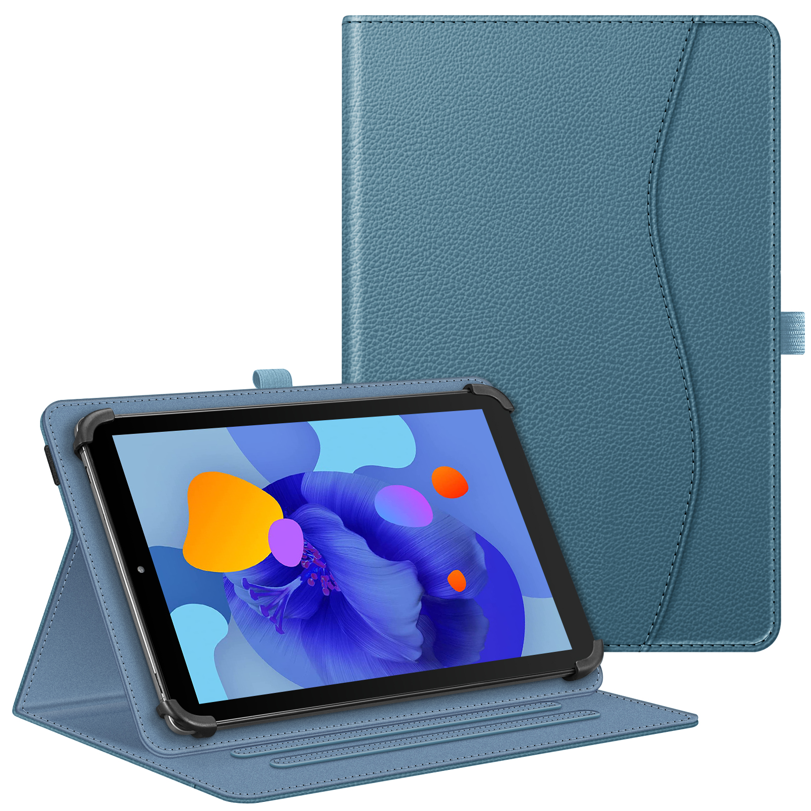 Eine blaue Tablet-Hülle, zu einem Ständer gefaltet, hält ein Tablet mit einem farbenfrohen Blumendisplay. Eine weitere Hülle.