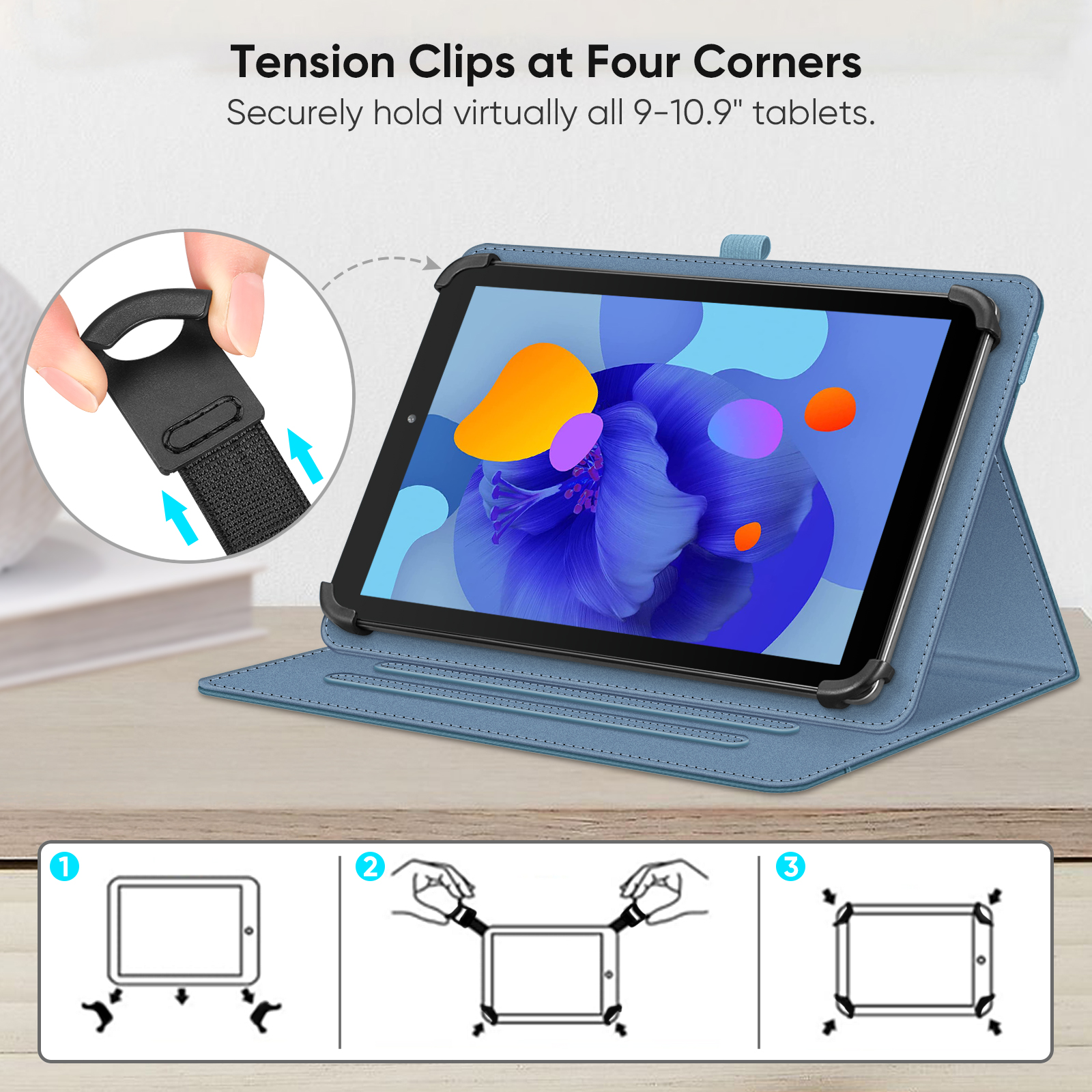 Ein Tablet in einer blauen Hülle steht auf einer Holzoberfläche. Die Hülle verwendet Spannclips, um das Tablet zu halten.