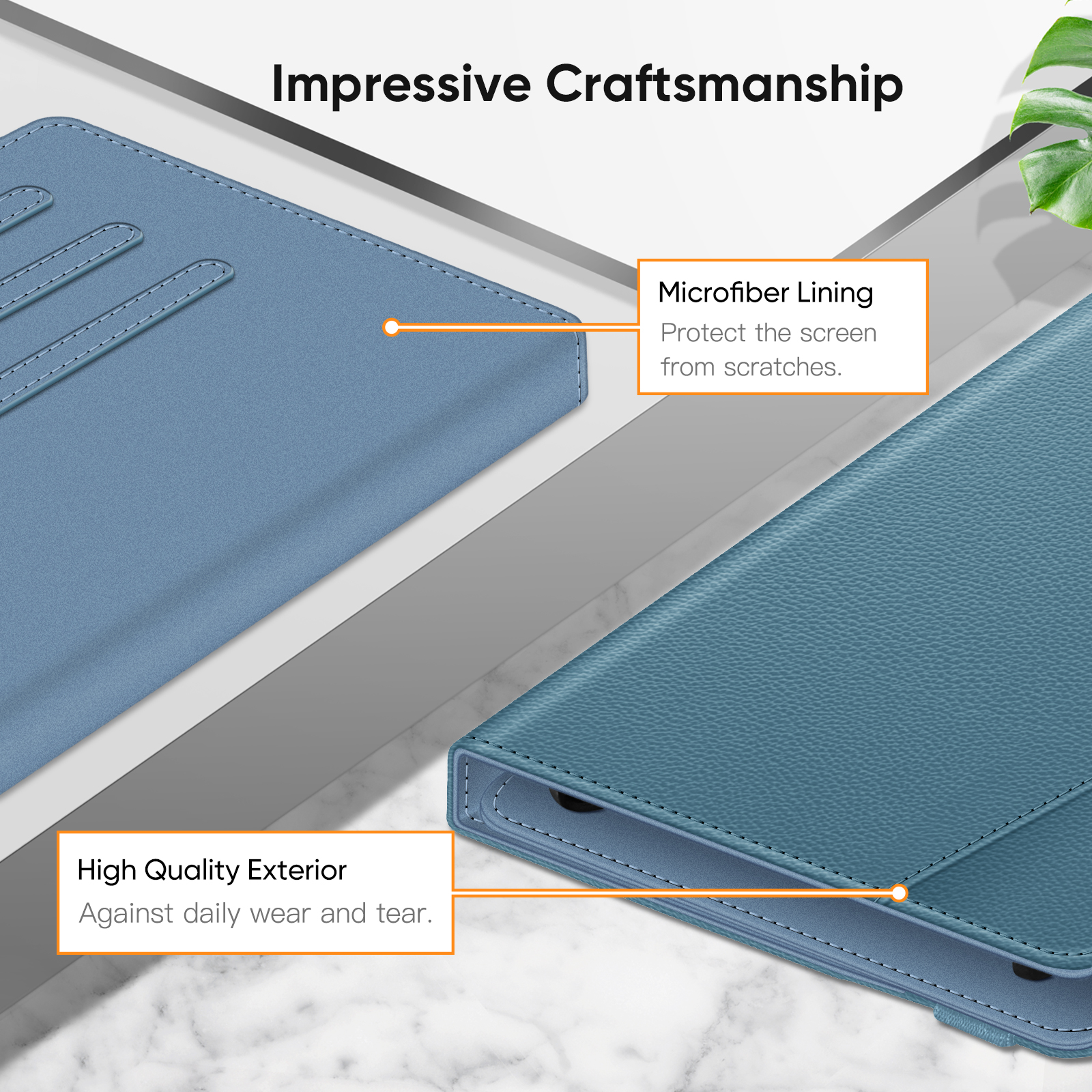 Nahaufnahme einer blauen Tablet-Hülle, die Mikrofaserfutter und hochwertige Außenseite gegen Verschleiß zeigt.