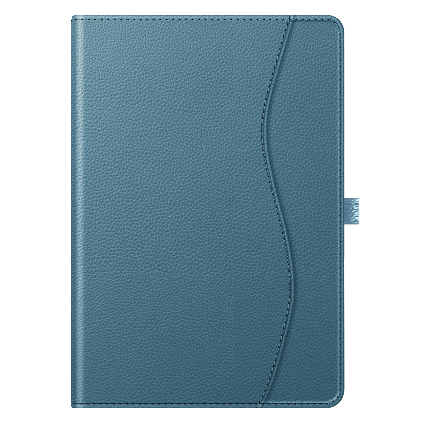Ein geschlossenes blaues, lederartiges Notizbuch mit Stifthalter und blauem Riemen.