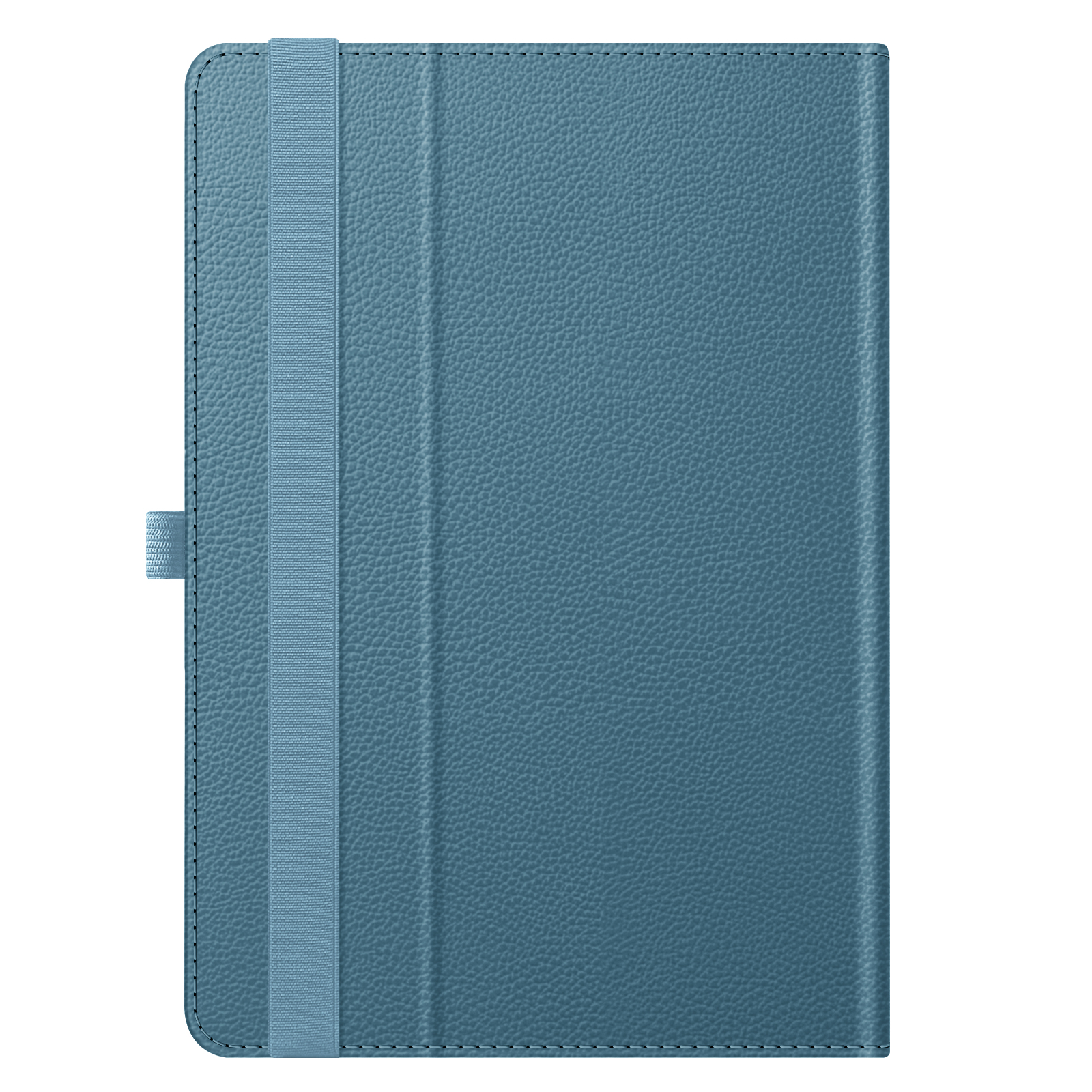 Eine blaue Tablet-Hülle mit einer strukturierten Oberfläche und einem elastischen Bandverschluss, vor einem weißen Hintergrund.
