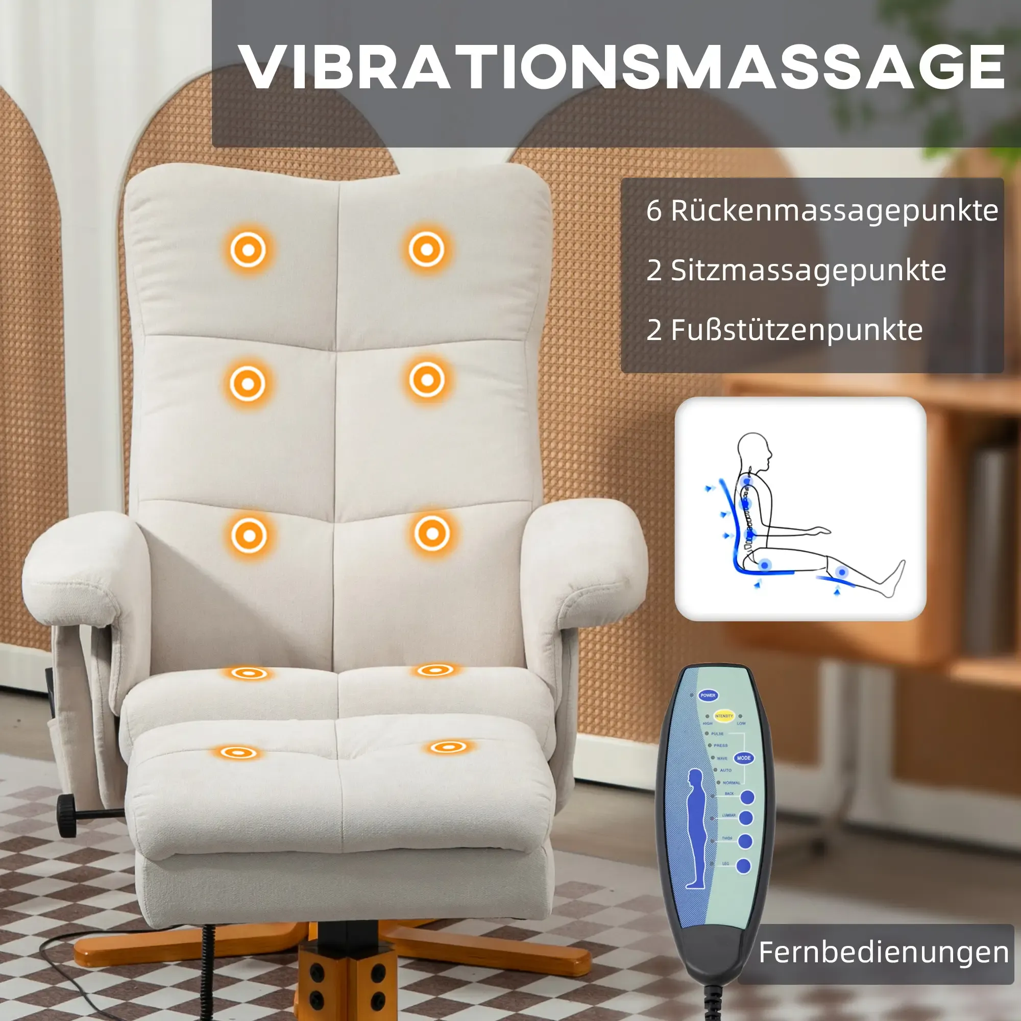 Ein cremefarbener Massagesessel wird mit beschrifteten Massagepunkten und einer Fernbedienung für Einstellungen angezeigt.
