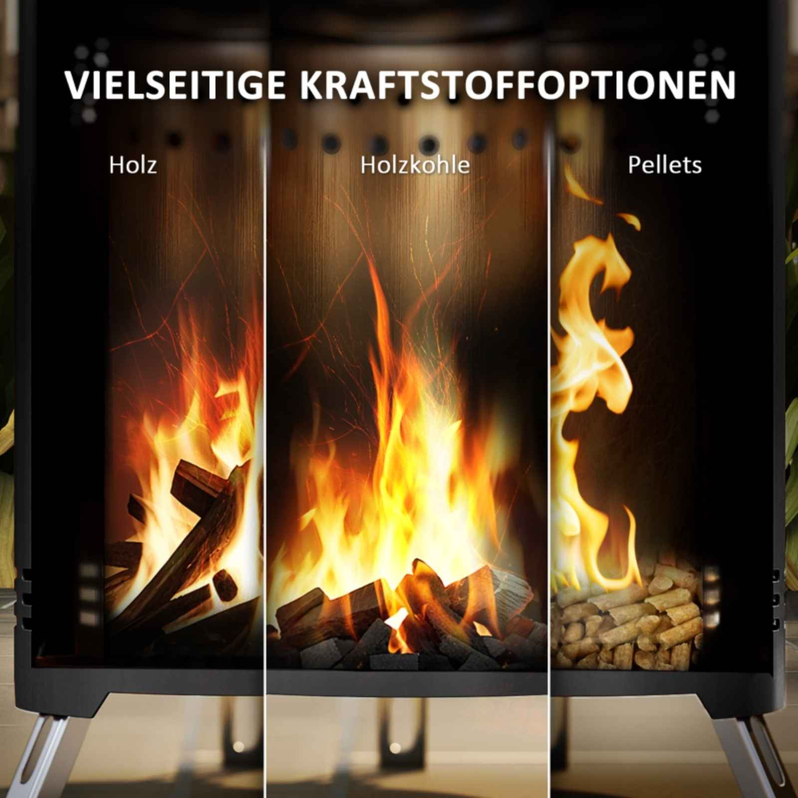 Drei Feuerstellen mit verschiedenen Brennstoffarten: Holz, Holzkohle und Pellets, jeweils mit Flammen.