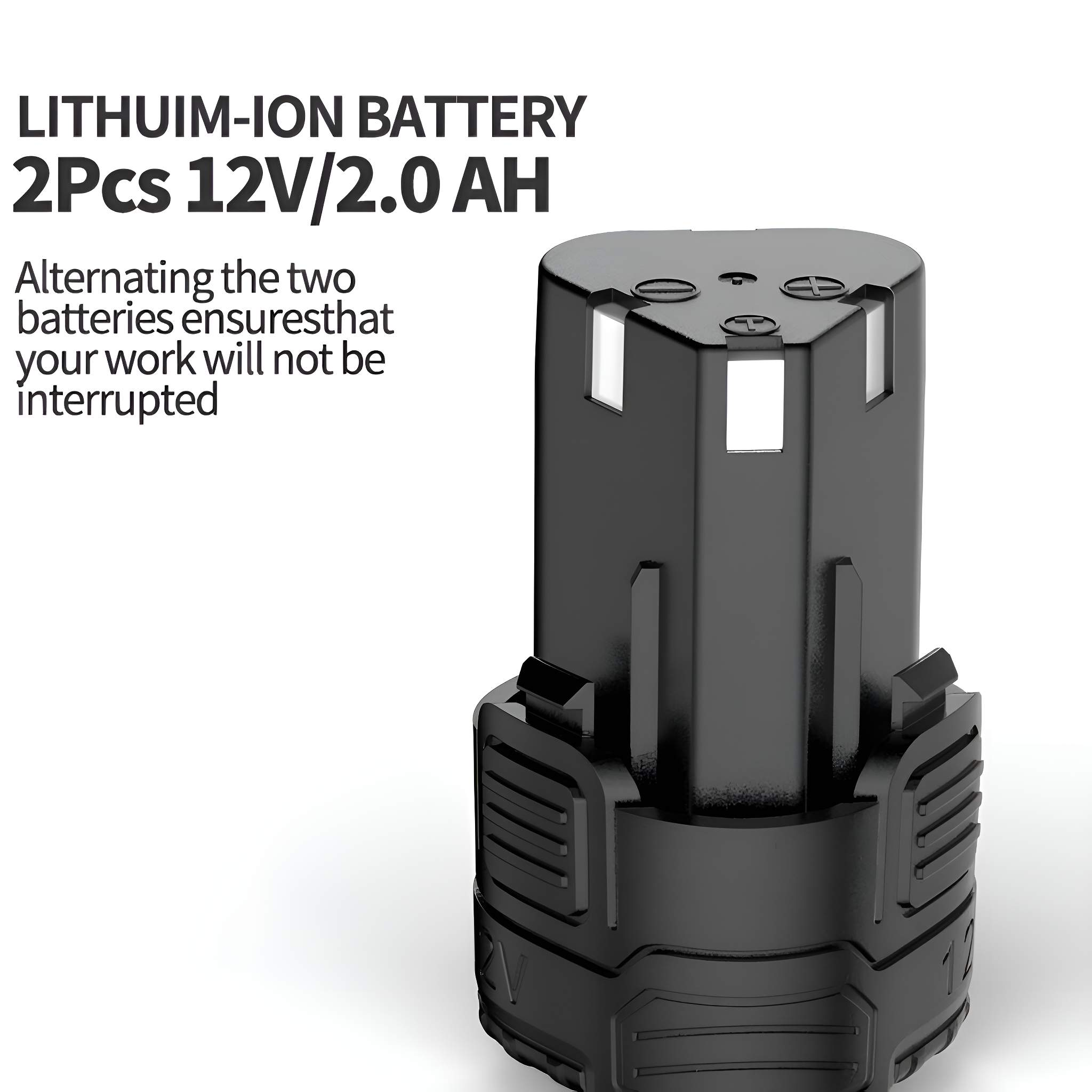 Schwarzer Akku mit Text 'LITHIUM-ION BATTERY' und '12V/2.0 AH'. Weißer Hintergrund.