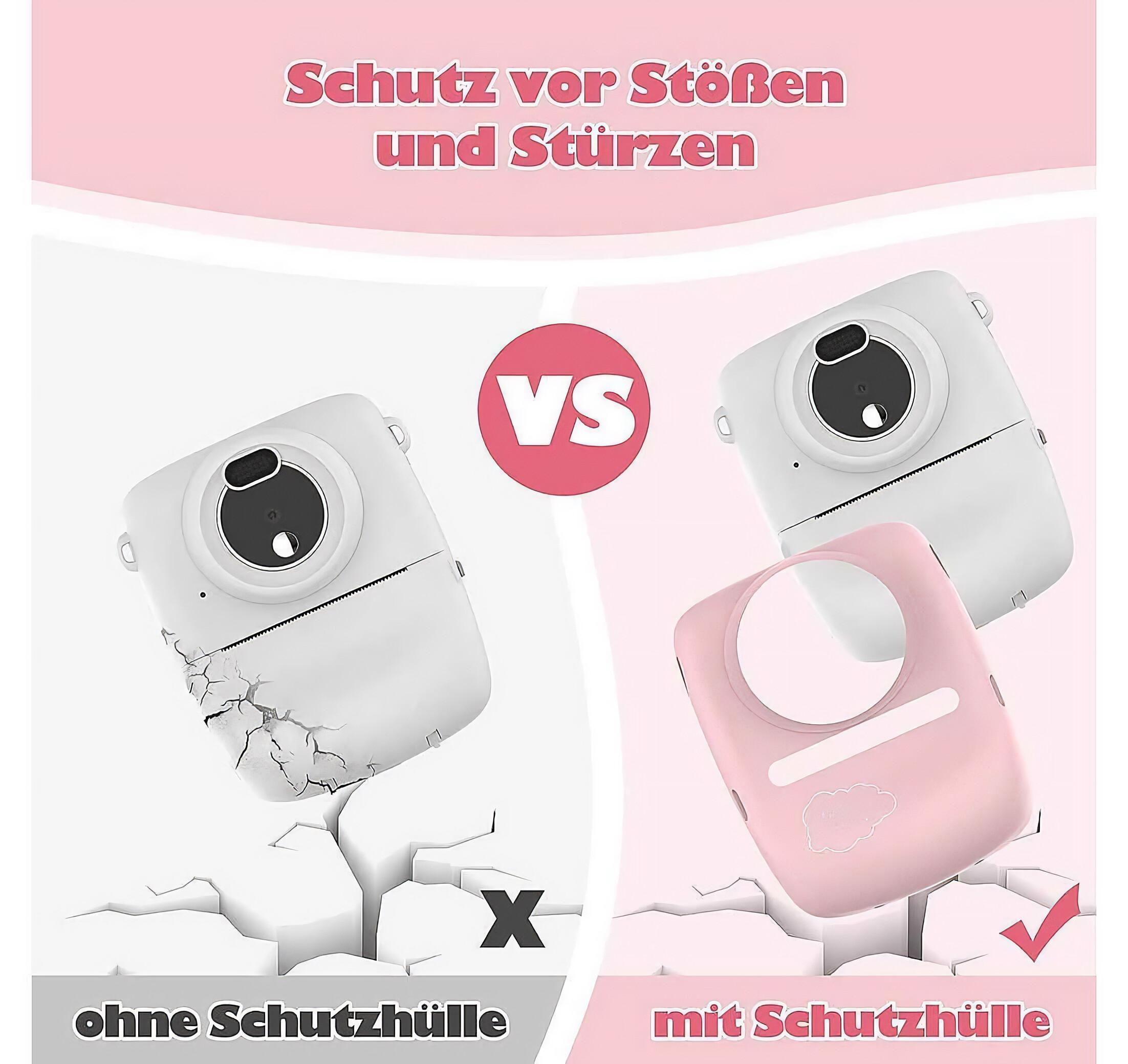 Bild, das die Haltbarkeit einer rosa Kamera mit Schutzhülle im Vergleich zu ohne zeigt.