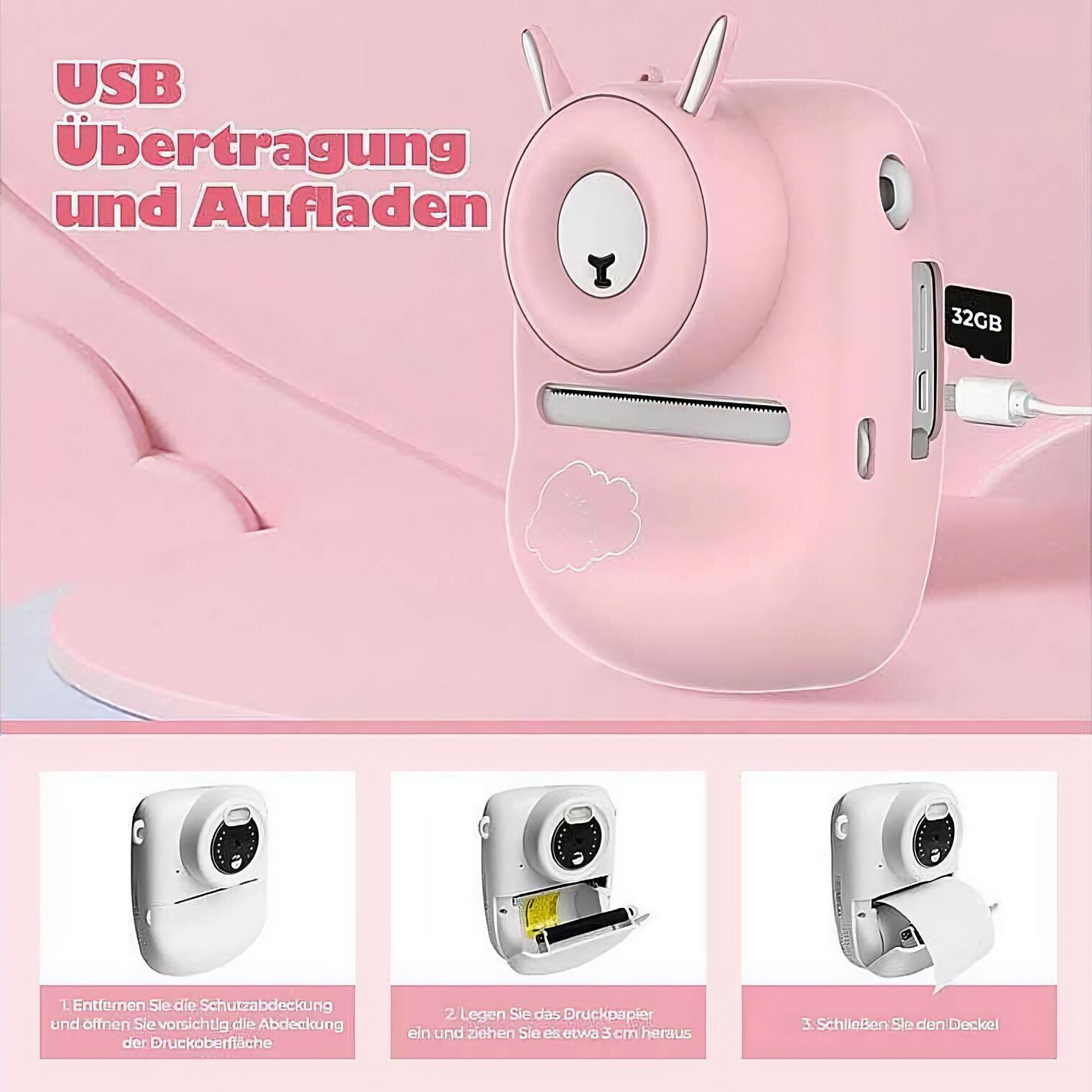 Rosa Kamera mit Bärengesicht und Zubehör, einschließlich Speicherkarte. Nahaufnahme.
