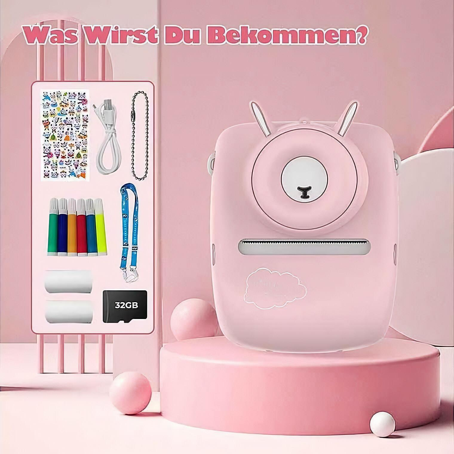 Eine rosa Kamera mit Hasenohren wird mit Zubehör auf einer rosa Plattform ausgestellt.