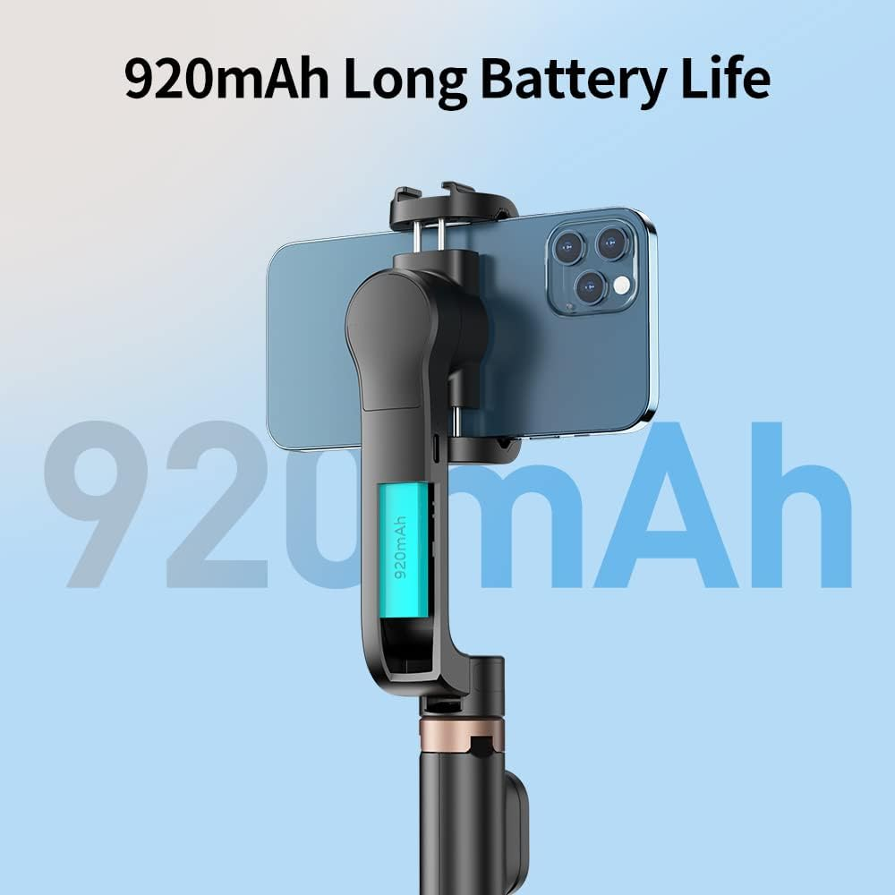 Schwarzer Gimbal-Stabilisator, der ein blaues Telefon hält. Text: '920mAh Long Battery Life'.