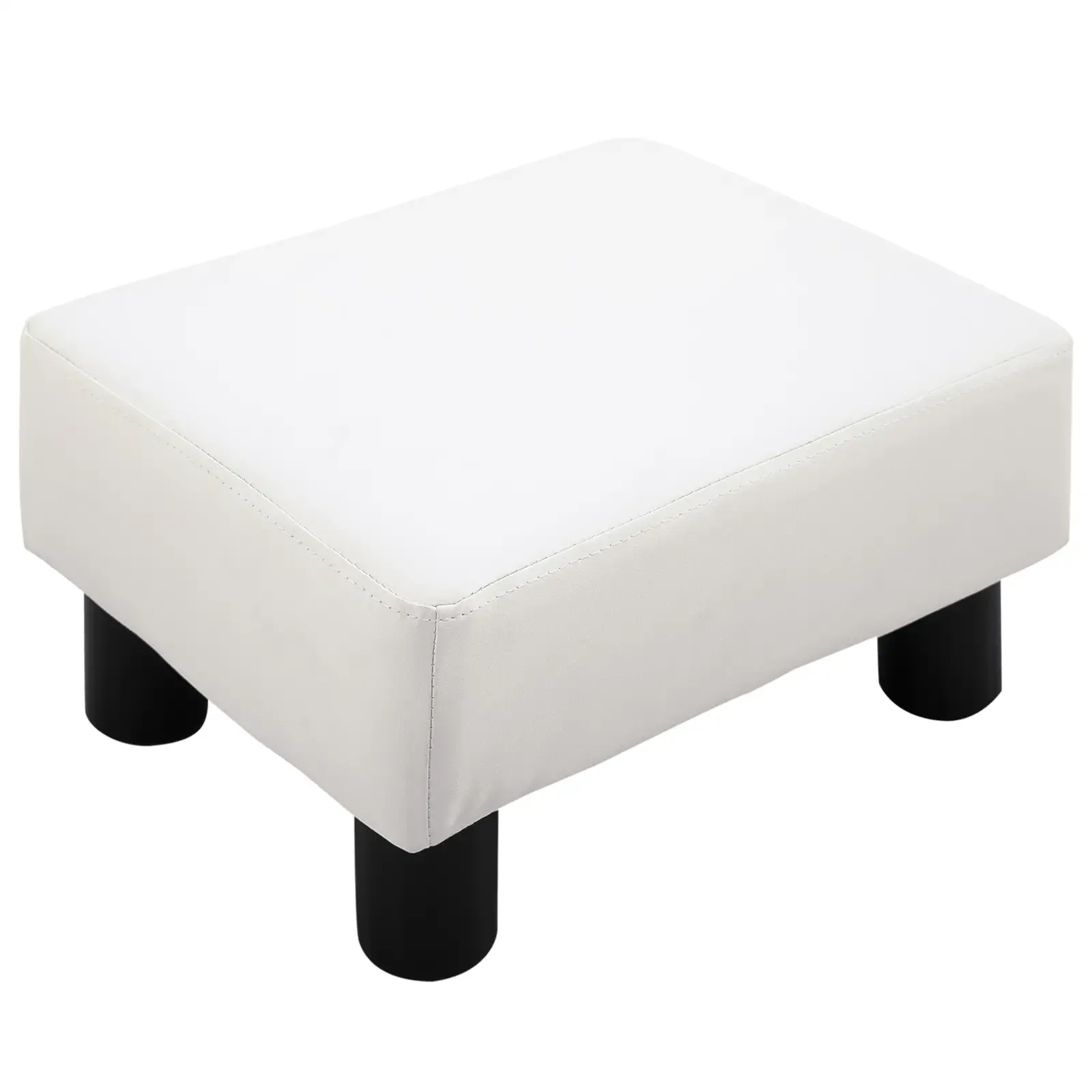 Weißer Hocker mit schwarzen Beinen, isoliert auf weißem Hintergrund. Es ist ein schlichtes, modernes Design.