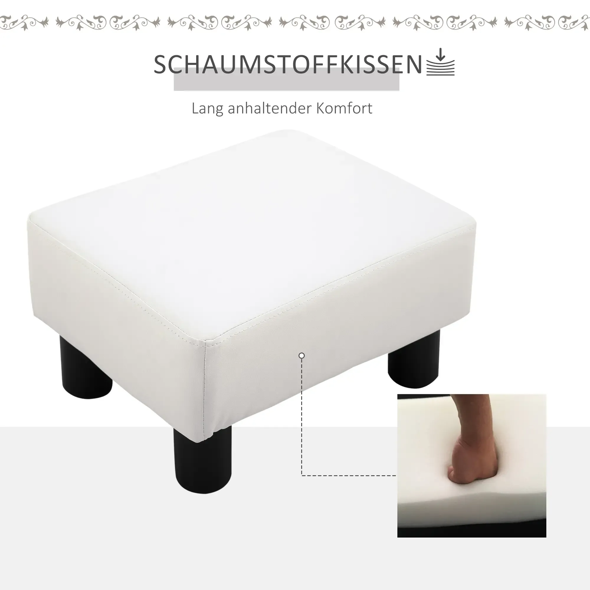 Weißer Hocker mit schwarzen Beinen. Ein Fuß ist auf dem Kissen zu sehen, und ein Text auf Deutsch steht oben.