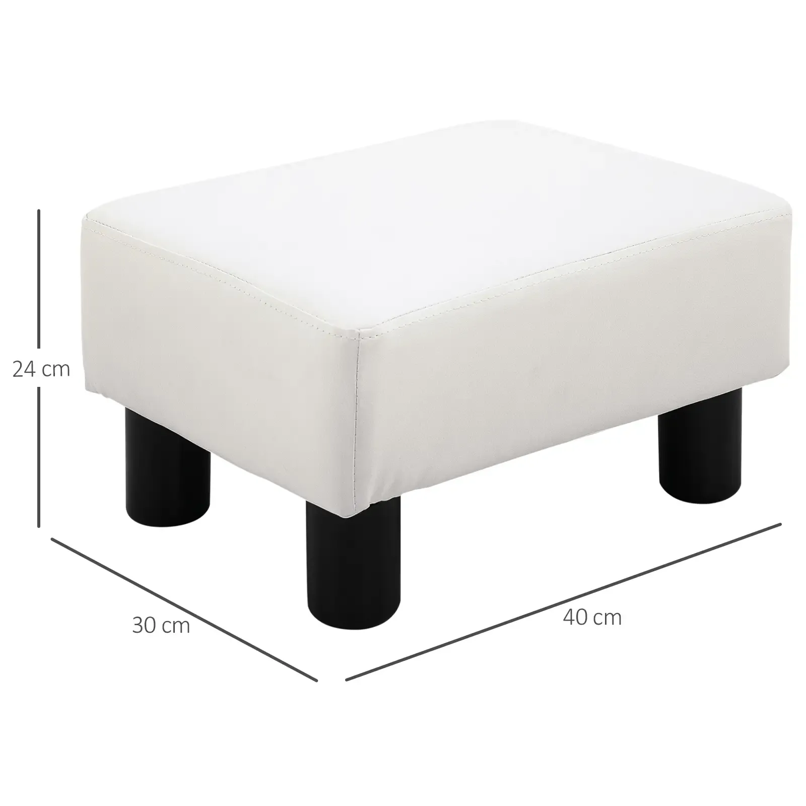Weißer Hocker mit schwarzen Beinen. Maße sind 40x30x24 cm. Er steht auf weißem Hintergrund.