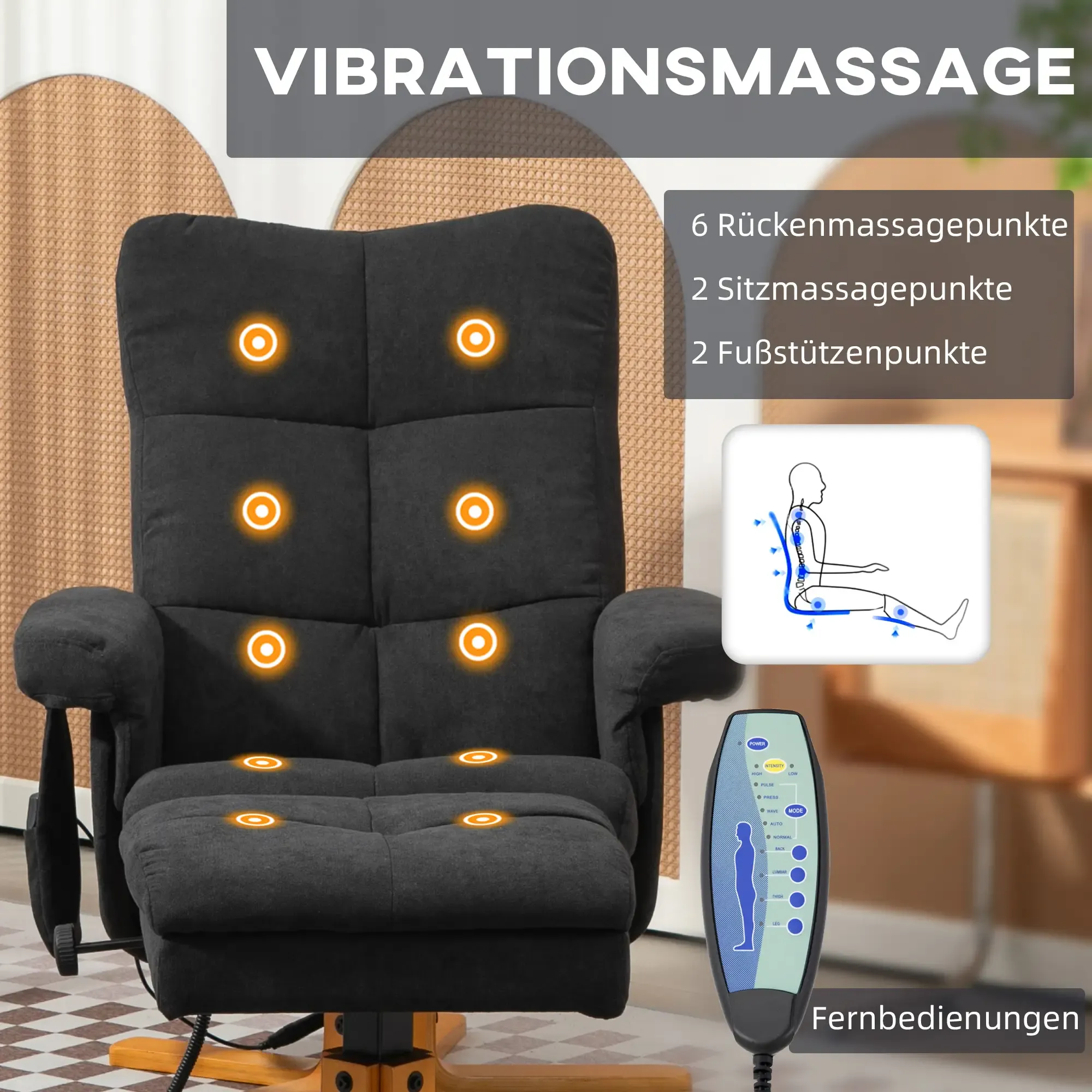 Schwarzer Relaxsessel mit Hocker, Massagepunkte und Fernbedienung. Text auf Deutsch.