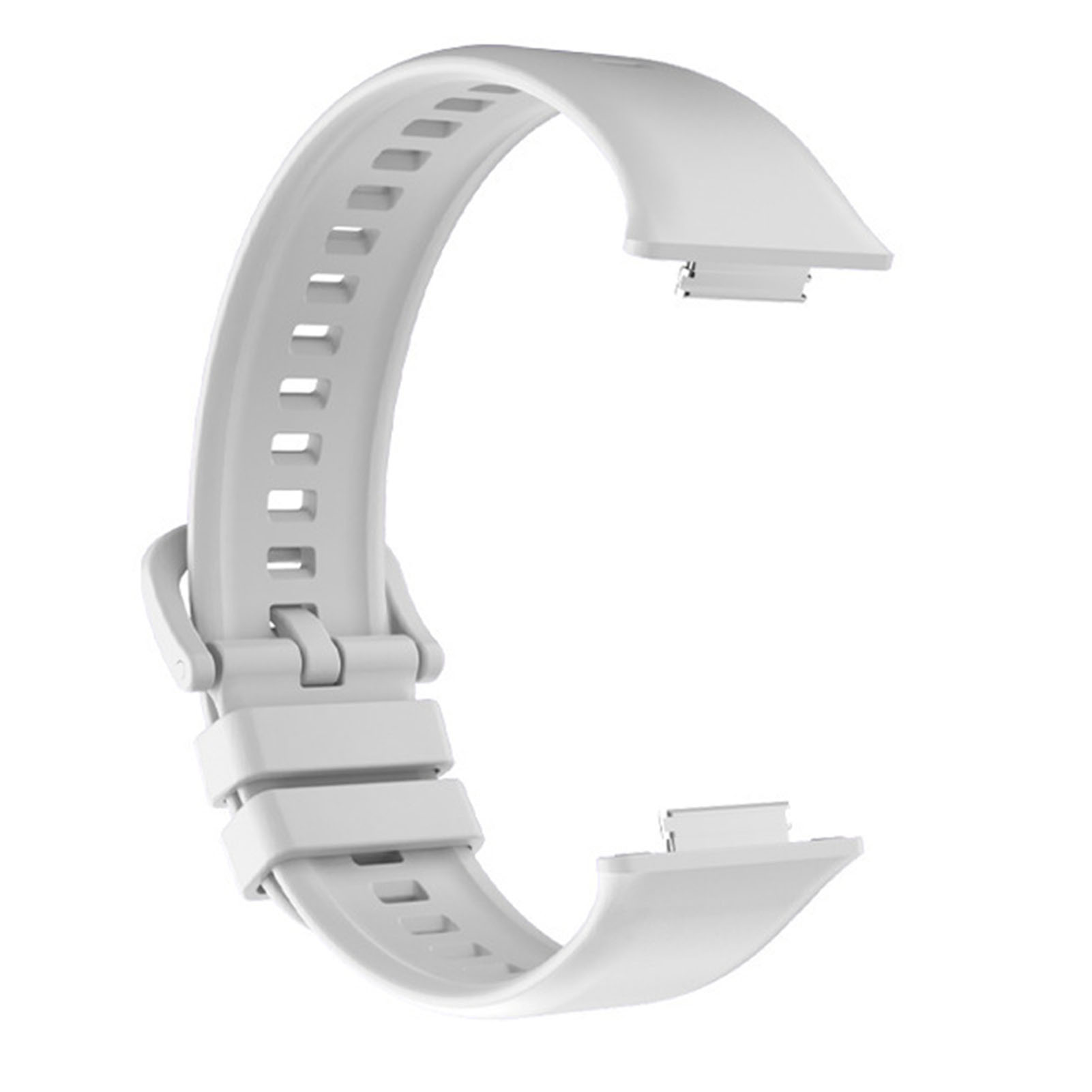 Weißes Uhrenarmband, gebogen, mit Löchern und einer Schnalle.