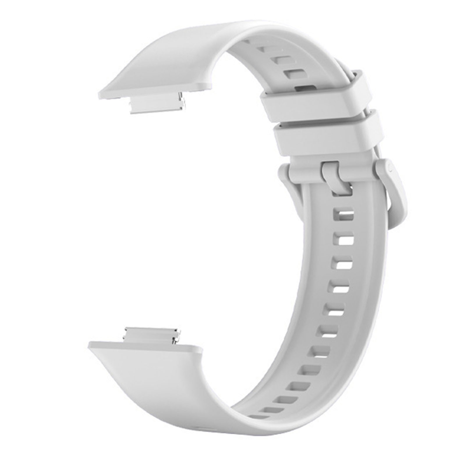 Gebogenes weißes Uhrenarmband mit Löchern und Schnalle.