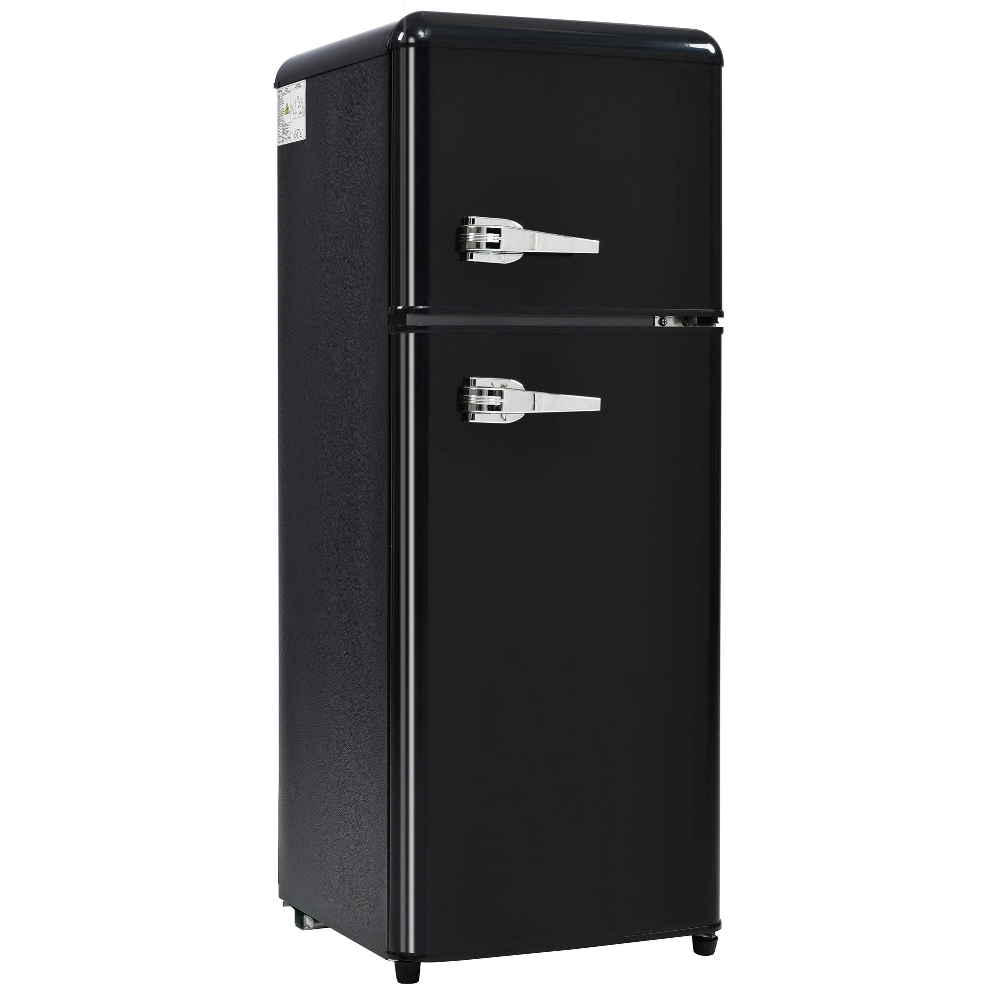 Schwarzer Retro-Kühlschrank mit zwei Türen.